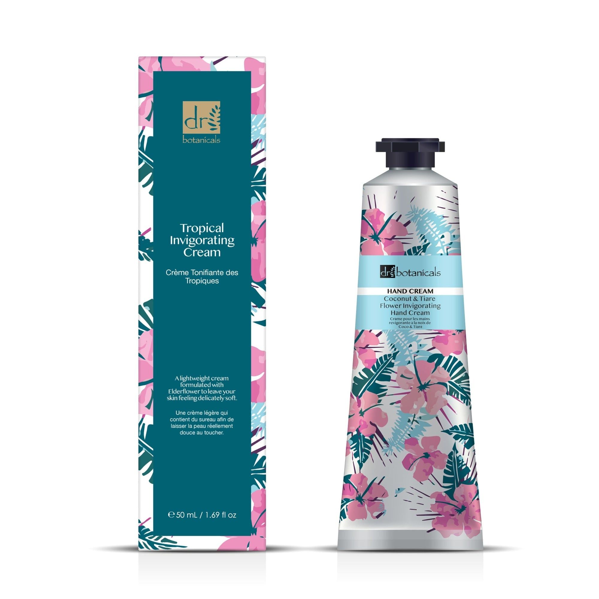 Produktverpackung mit Tube und Schachtel. Tube: floral, Aufschrift Hand Cream. Schachtel: Tropical Invigorating Cream, 50 ml.