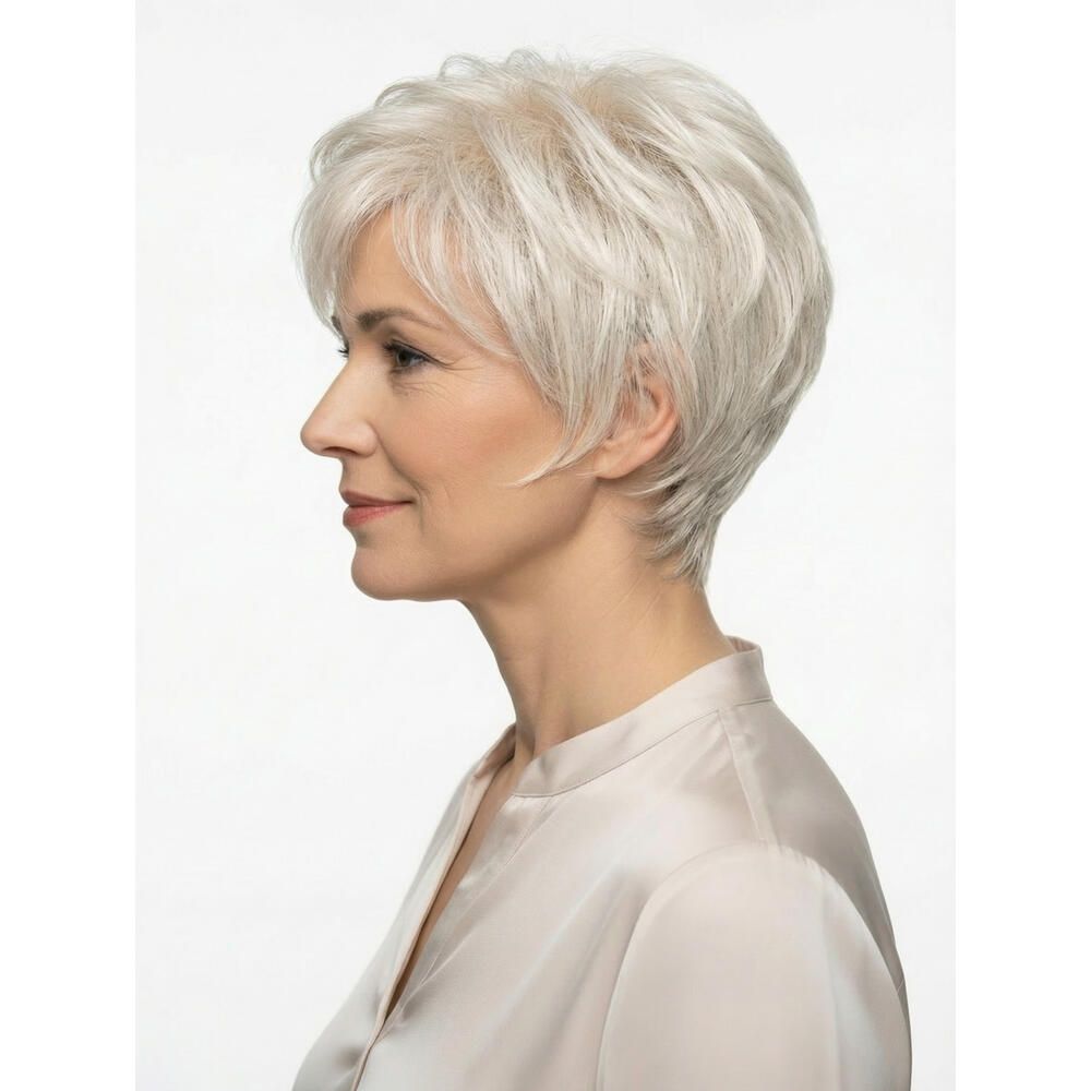 Frau mit Perücke, hellgraues Haar, kurzer Schnitt. Trägt helles Hemd. Seitenansicht.