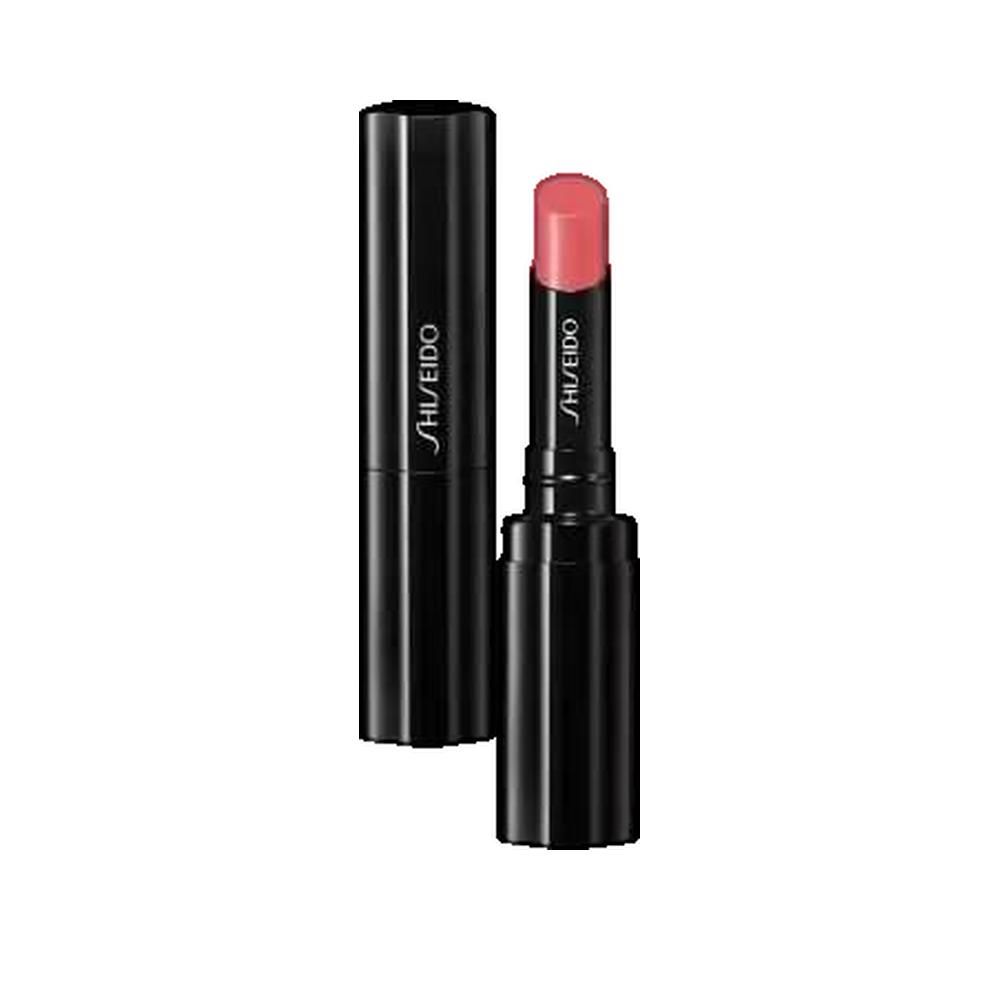 Shiseido Veiled Rouge, geöffnet. Schwarze Hülse, rosafarbener Lippenstift. Marke sichtbar.