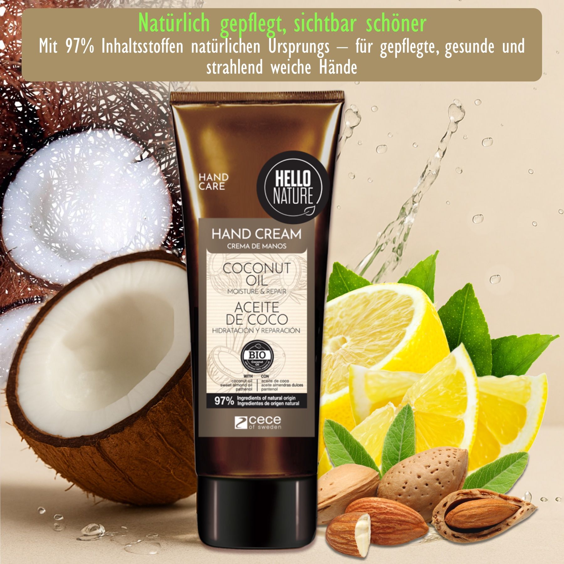Handcreme-Tube mit Kokosöl-Aufdruck. BIO-Siegel. Hintergrund mit Kokosnuss, Mandeln, Zitrone. Text: Natürlich gepflegt, sichtbar schöner.