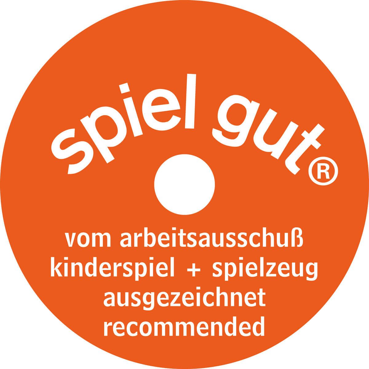 Runder, oranger Aufkleber mit weißem Text: Spiel Gut. Auszeichnung für Kinderspielzeug.