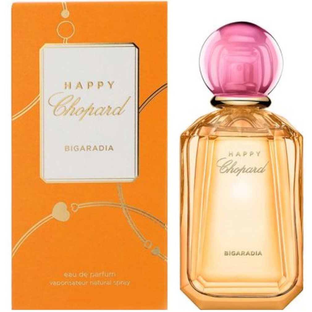 Parfümflasche und Verpackung. Aufschrift: Happy Chopard Bigaradia. Flasche mit rosa Verschluss. Orangefarbene Verpackung.