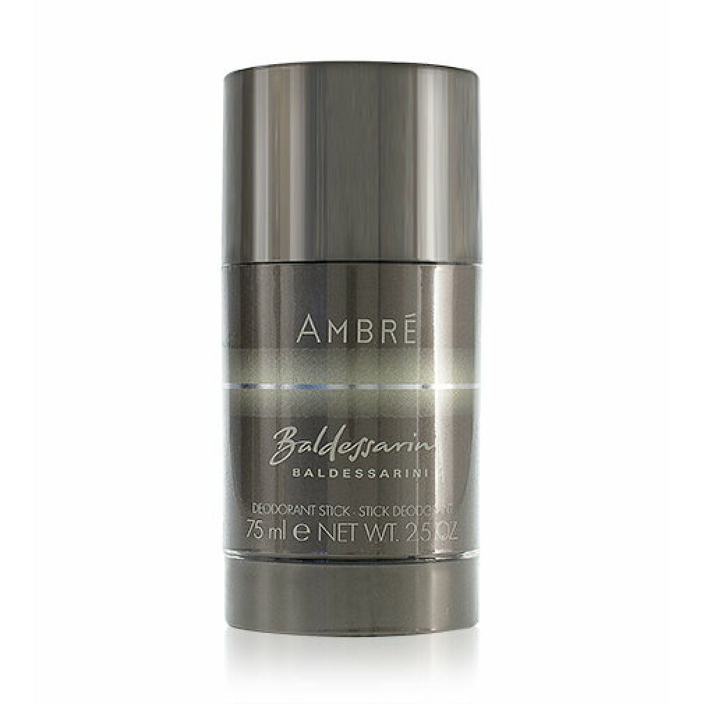 Deo-Stick. Zylindrische Form. Silberfarbener Deckel. Schriftzug AMBRE, Baldessarini. 75 ml. Deodorant Stick.