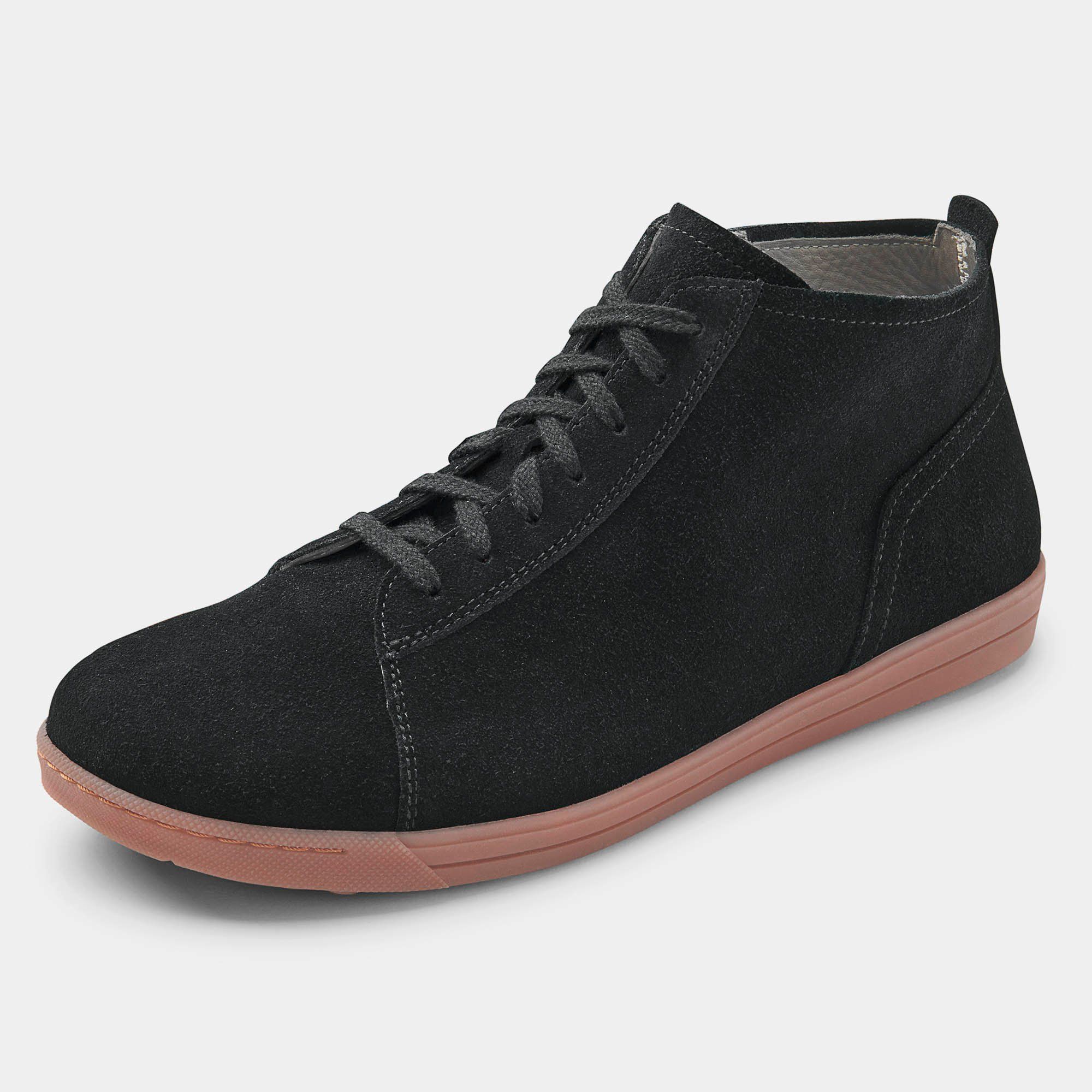 Schwarze Stiefelette mit Schnürsenkeln. Rosa Sohle. Ansicht von der Seite.