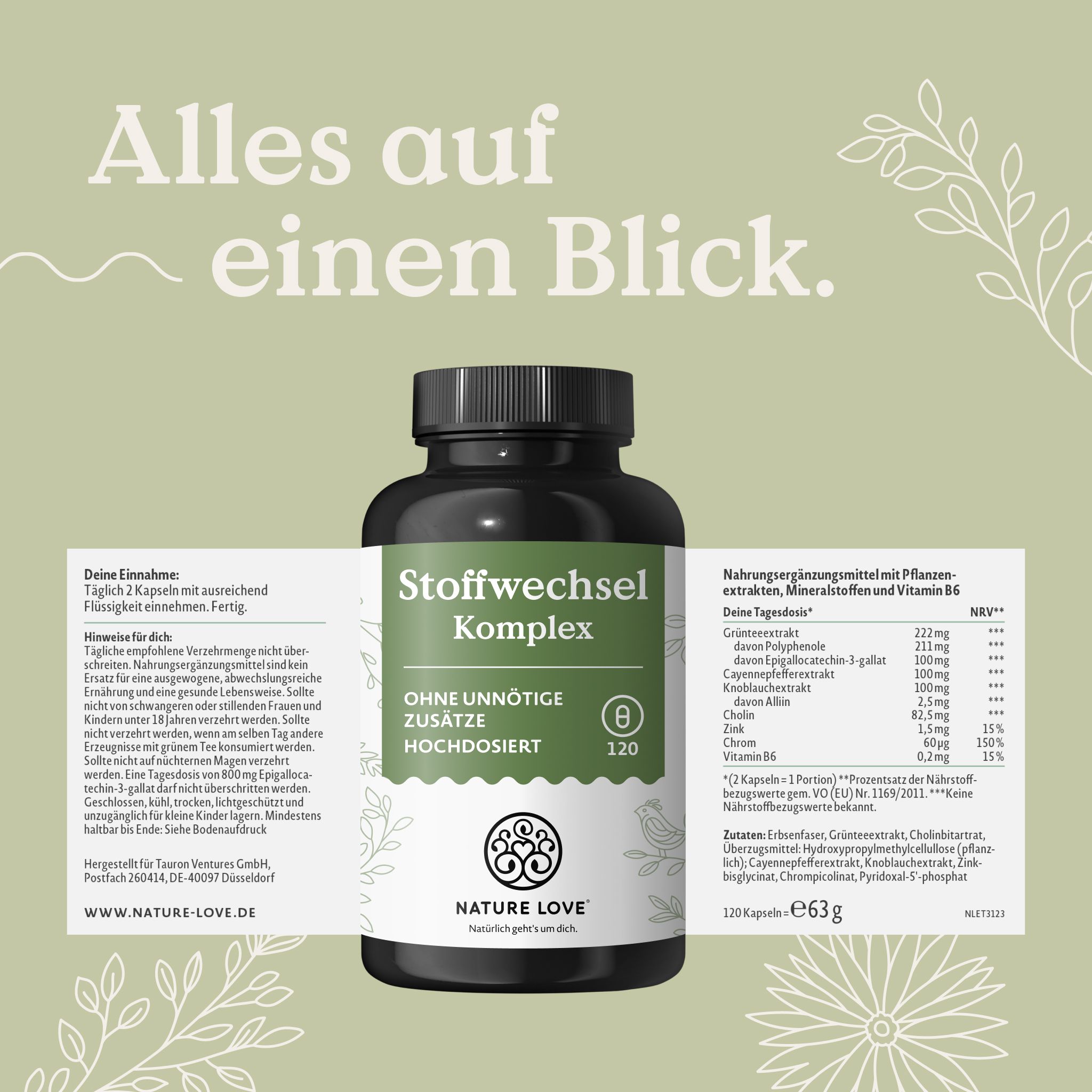 Flasche mit Nahrungsergänzungsmitteln, Etiketten mit Nährwertangaben.