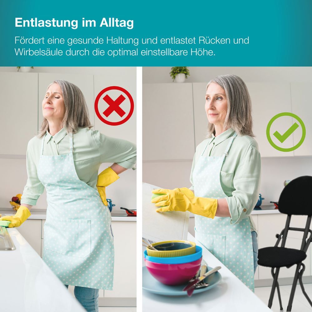Vergleich: Frau mit Rückenschmerzen vs. Frau mit guter Haltung. Schwarze Sitzhilfe rechts. Text: "Entlastung im Alltag".