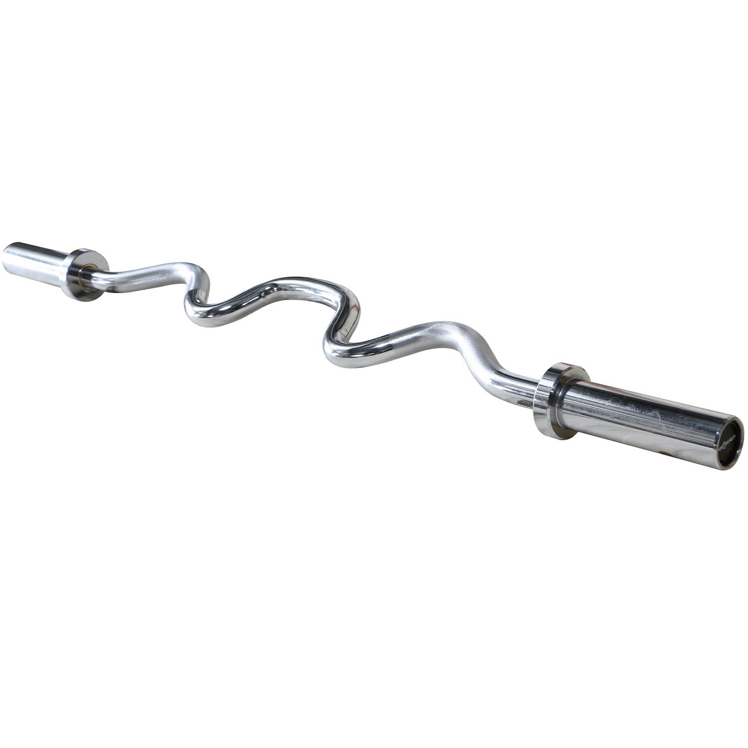 SZ-Langhantel, silberfarben, wellenförmig gebogen. Perspektivische Ansicht. Zylindrische Griffe mit Scheibenaufnahmen.