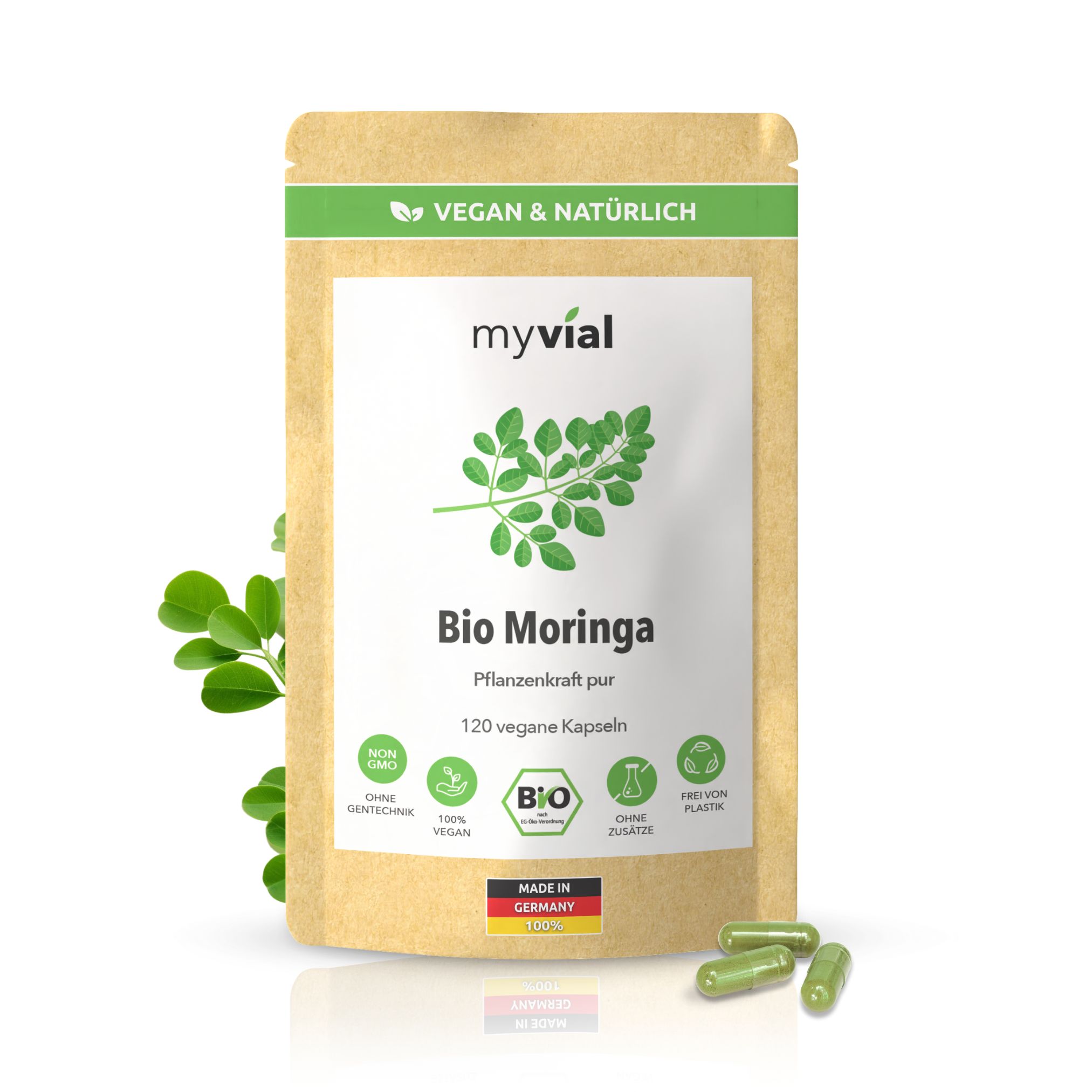 myvial® Bio Moringa Kapseln - Blattpulver aus Moringa Oleifera - 800 mg hochdosiert