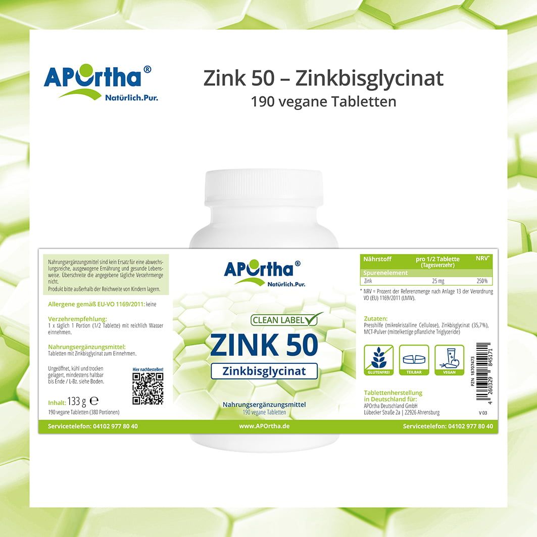 Etikett einer Flasche APOrtha® Zink 50. Text: Zinkbisglycinat, 190 vegane Tabletten, Nährwertangaben, Clean Label, EU-Logo.