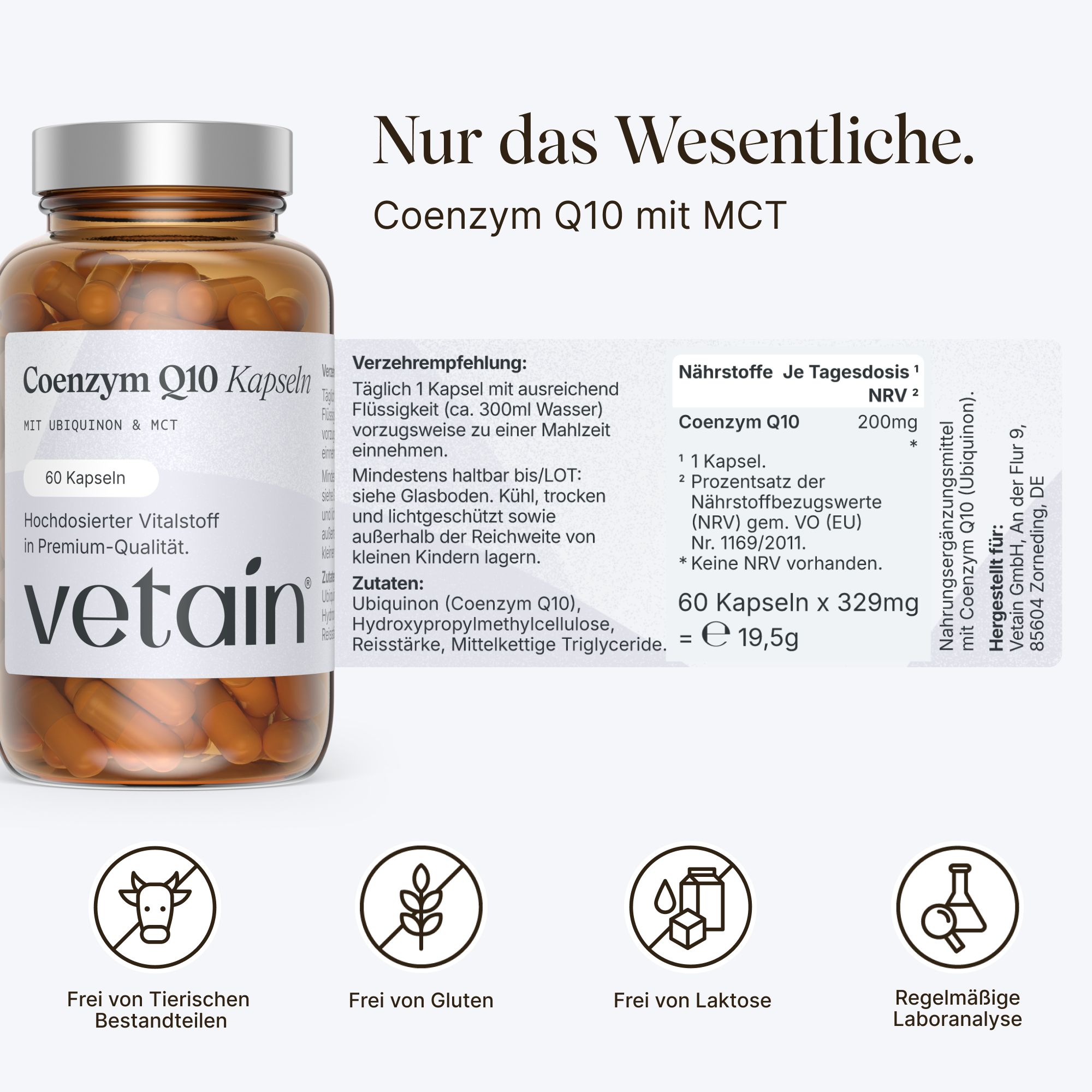 VETAIN Coenzym Q10 200mg - Hochdosiert mit Ubiquinon & MCT - Aus pflanzlicher Fermentation