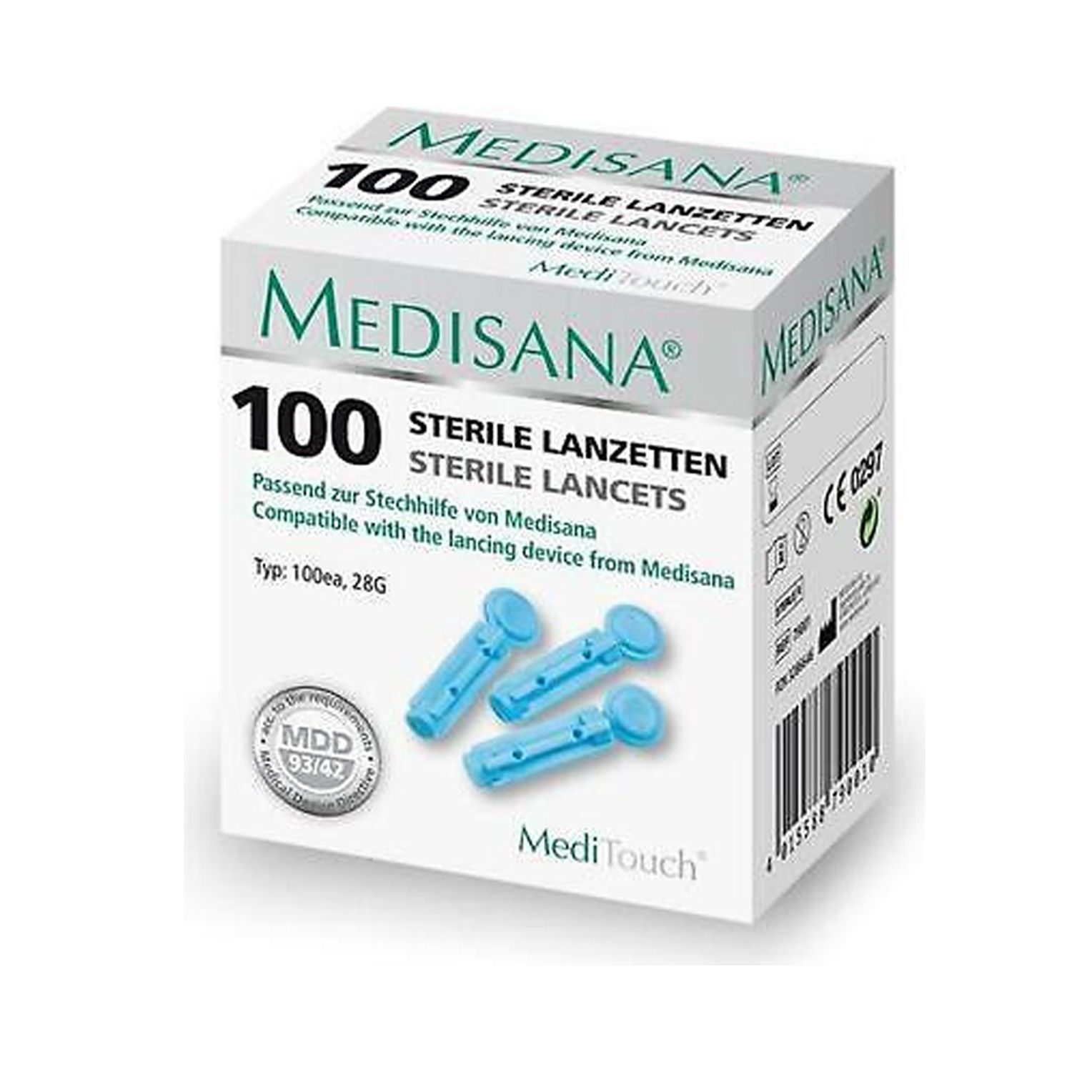 Boîte de 100 lancettes stériles. Marque MEDISANA, MediTouch. Marque CE.