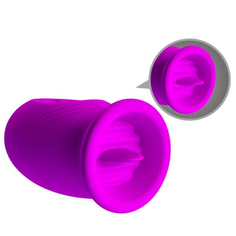 Magenta-farbener Vibrator mit einer Öffnung. Eine vergrößerte Ansicht zeigt Details der Innenseite.
