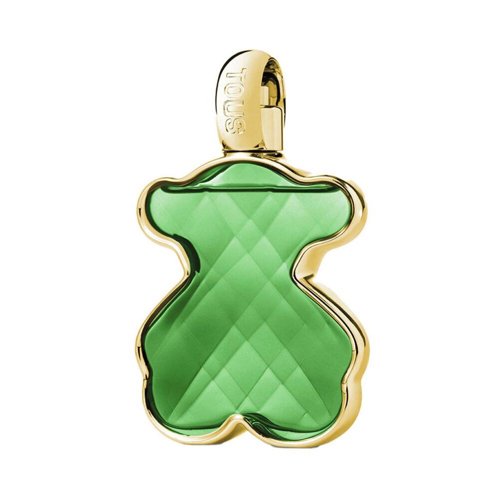 Grüner Flakon in Bärenform mit goldfarbenem Verschluss. Der Flakon hat eine facettierte Oberfläche. Der Markenname ist auf dem Verschluss sichtbar.