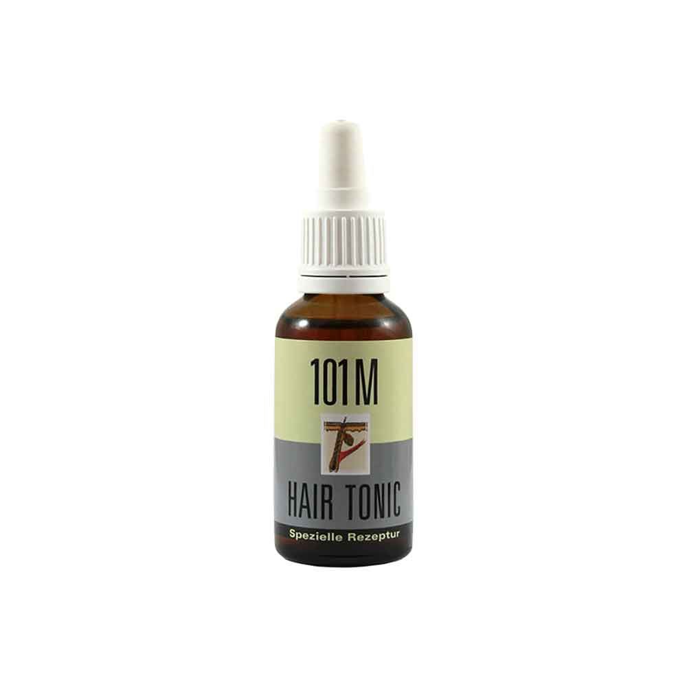 Braune Flasche mit weißem Deckel und Pipette. Etikett mit Aufschrift "101 M HAIR TONIC Spezielle Rezeptur".