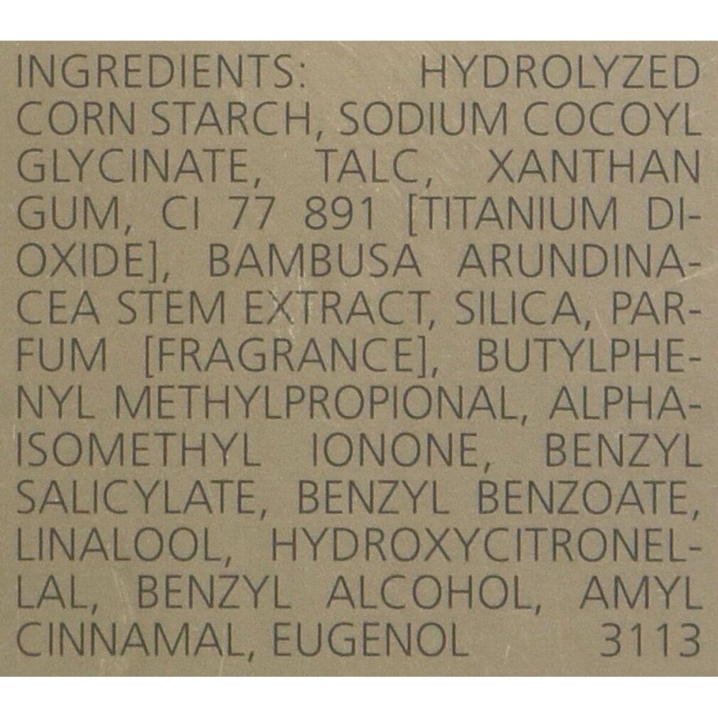 Text mit Inhaltsstoffen. Enthält: Hydrolyzed Corn Starch, Sodium Cocoyl Glycinate, Talc, Xanthan Gum, CI 77891, u.a.