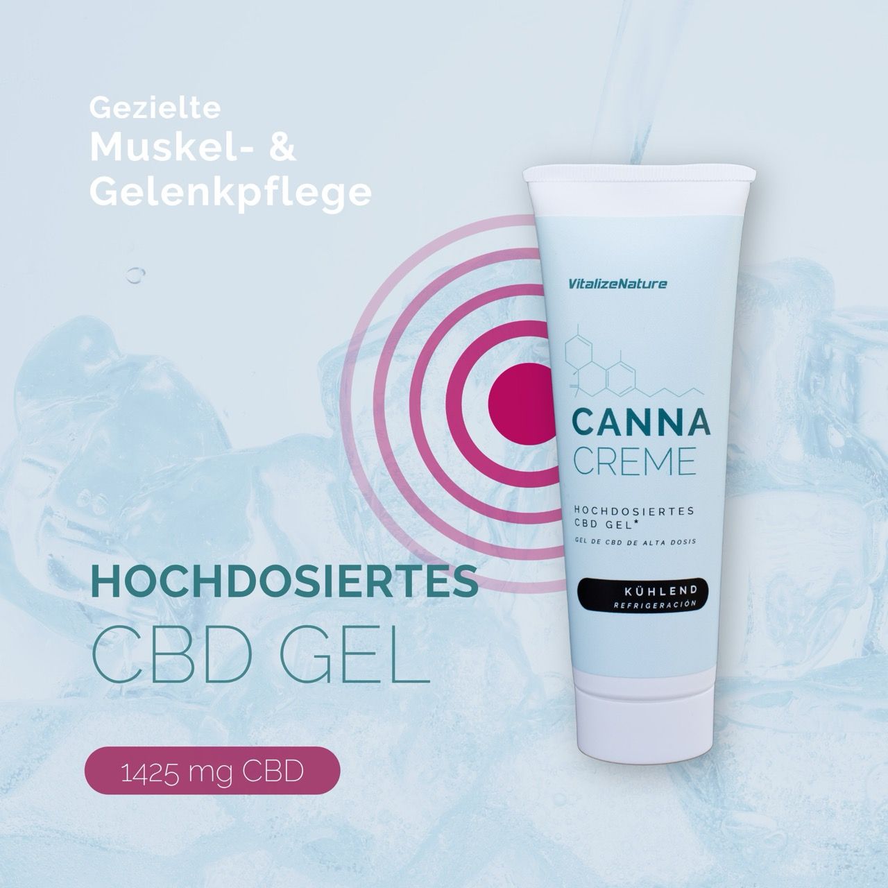 Canna Creme Tube. Weiß-blauer Tubenbehälter mit Text. 1425 mg CBD.