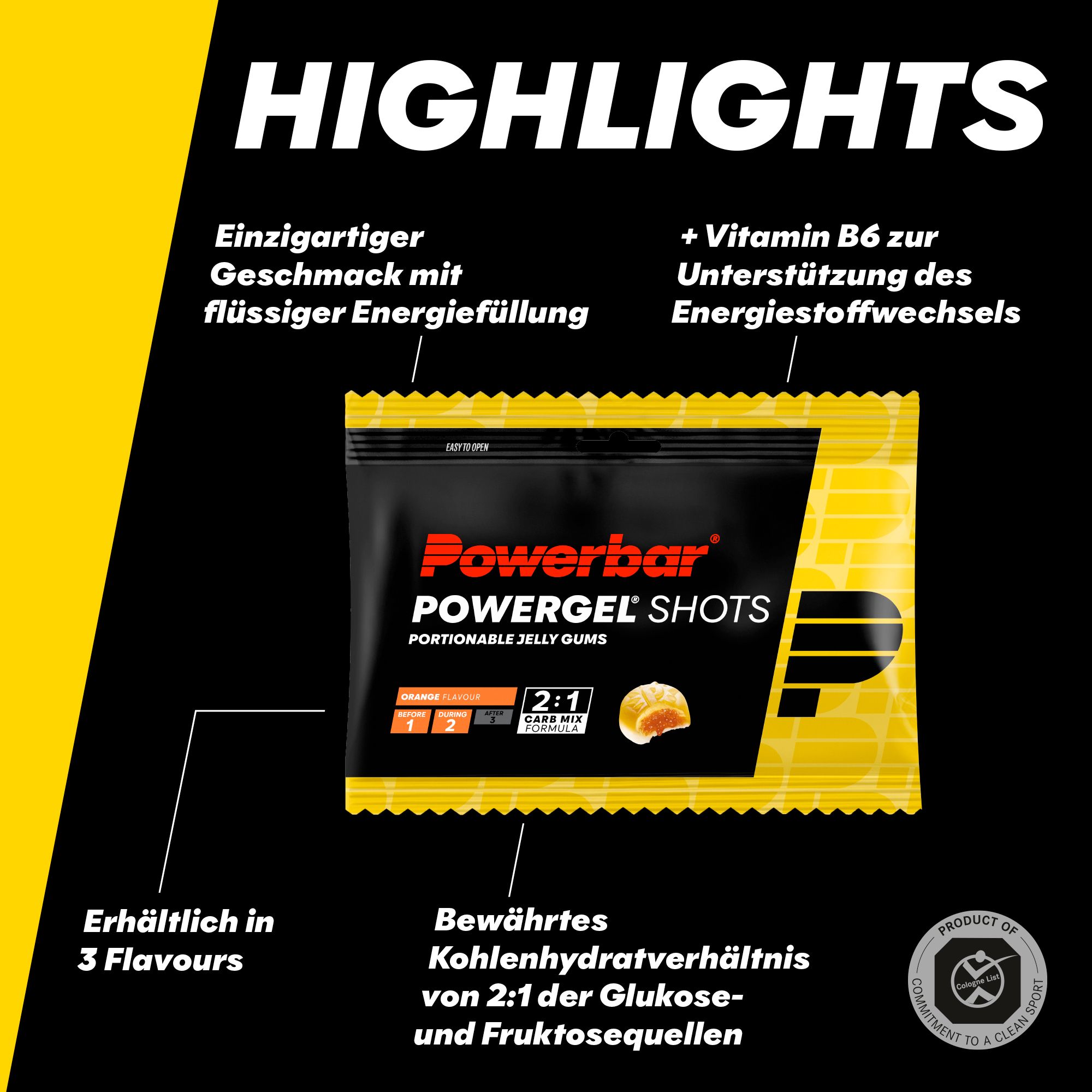 Powerbar Powergel Shots-Verpackung. Schwarzer Hintergrund mit Produktnamen und Geschmacksangabe Orange. Gelee-Gummis sind abgebildet. Text: Highlights.