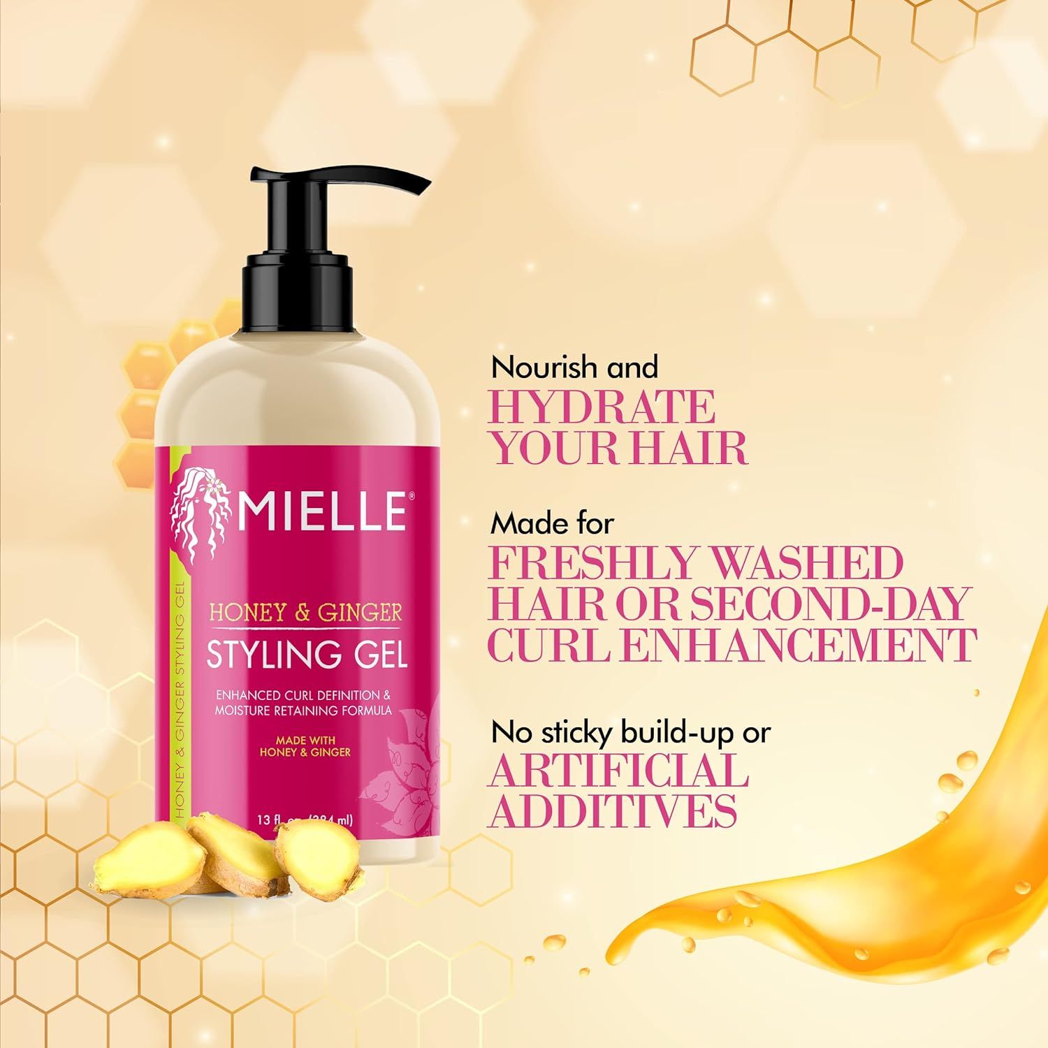 Mielle Honey & Ginger Styling Gel. Flasche mit Pumpe. Rosa Etikett. Für frisch gewaschenes Haar. 13 fl. oz.
