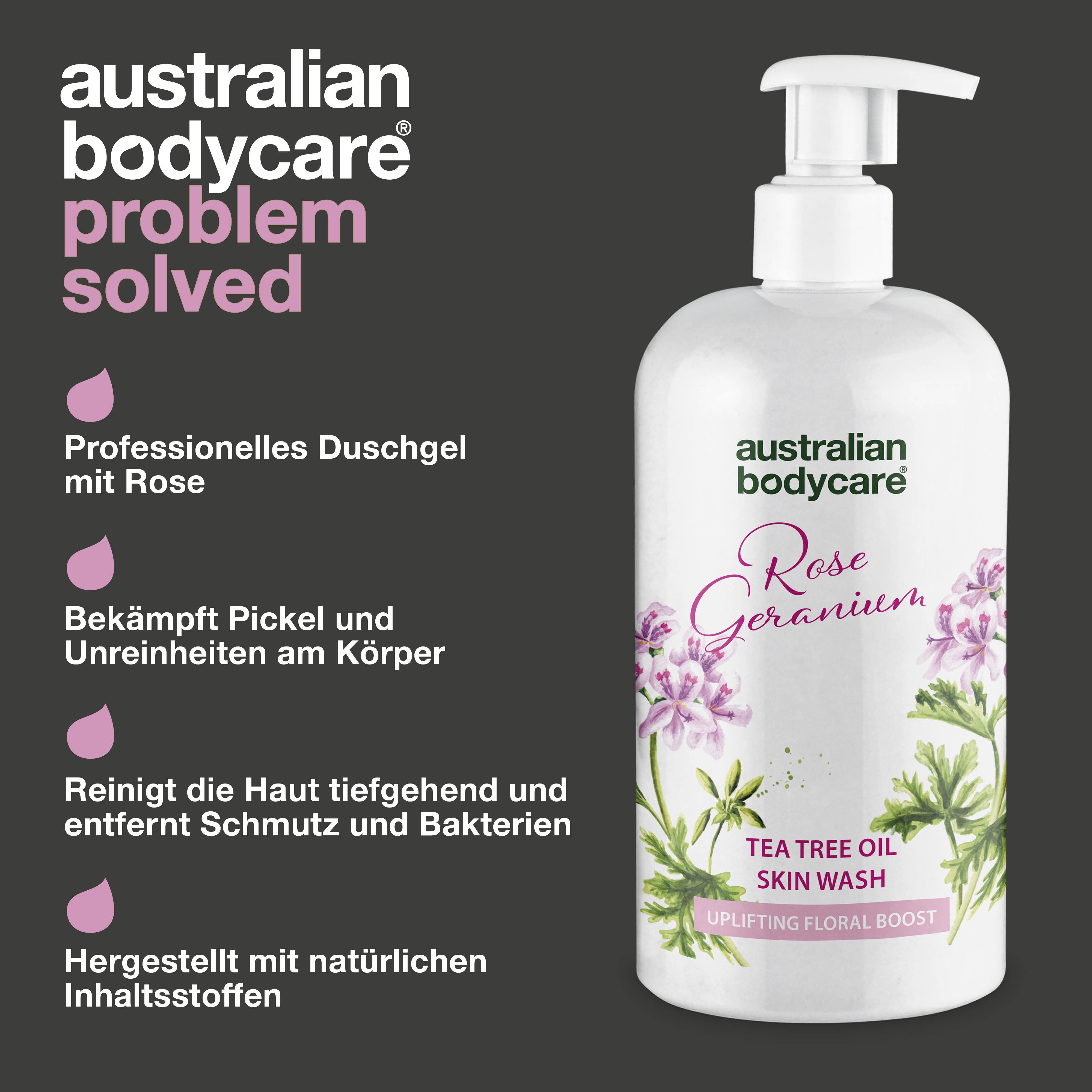Produktflasche mit Pumpe. Aufschrift: Rose Geranium, Tea Tree Oil Skin Wash. Text: Problem gelöst.