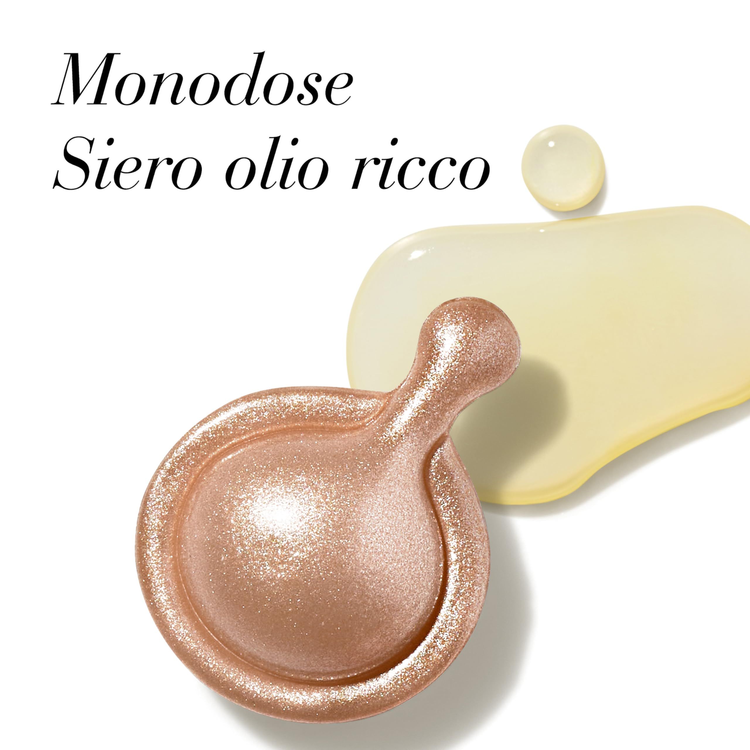 Eine Serumkapsel und Serumtropfen. Text: Monodose Siero olio ricco.