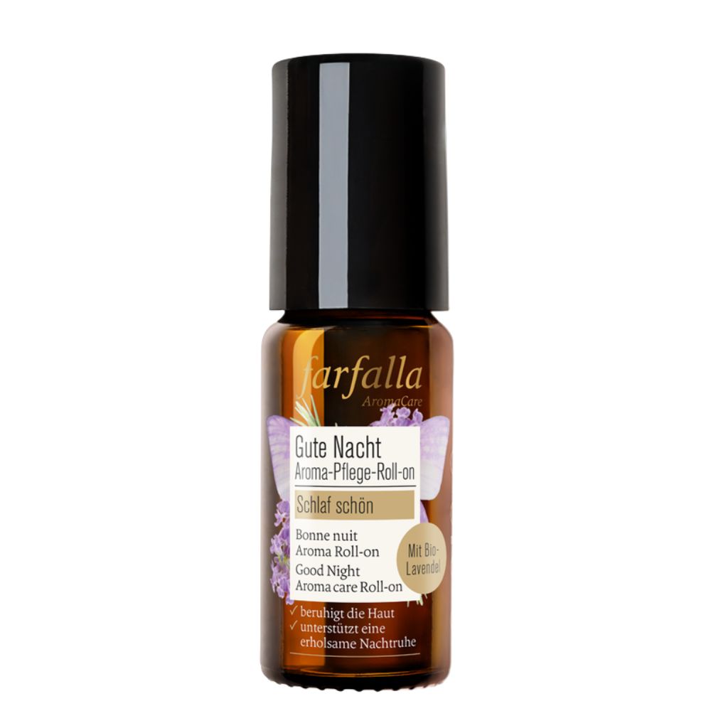 Braune Glasflasche mit schwarzem Deckel. Aufschrift: Farfalla, Gute Nacht Aroma-Pflege-Roll-on, Schlaf schön. Mit Bio-Lavendel.