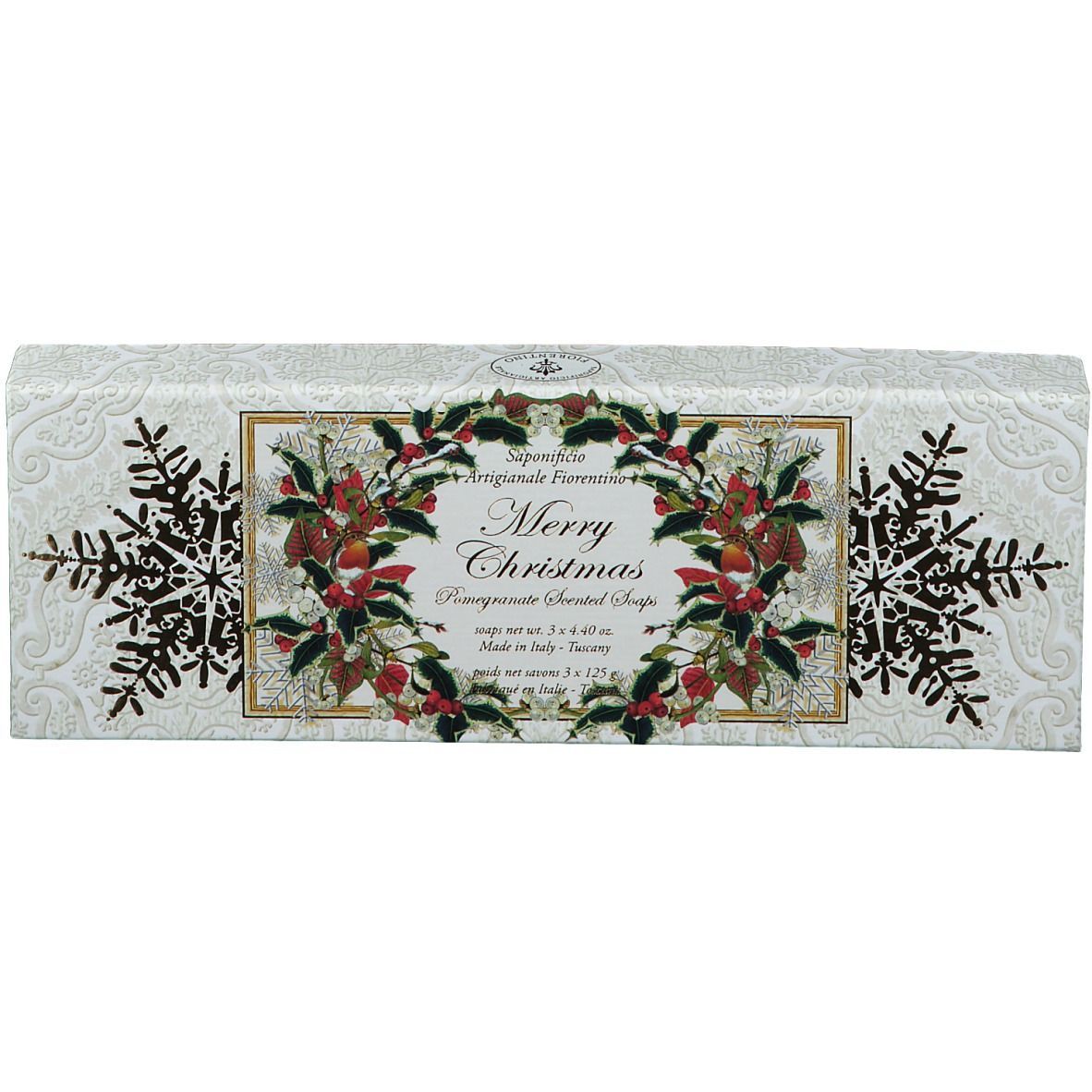 Weihnachtliche Geschenkbox mit Seifen. Weißes Design mit floralen Elementen und Schriftzug "Merry Christmas".