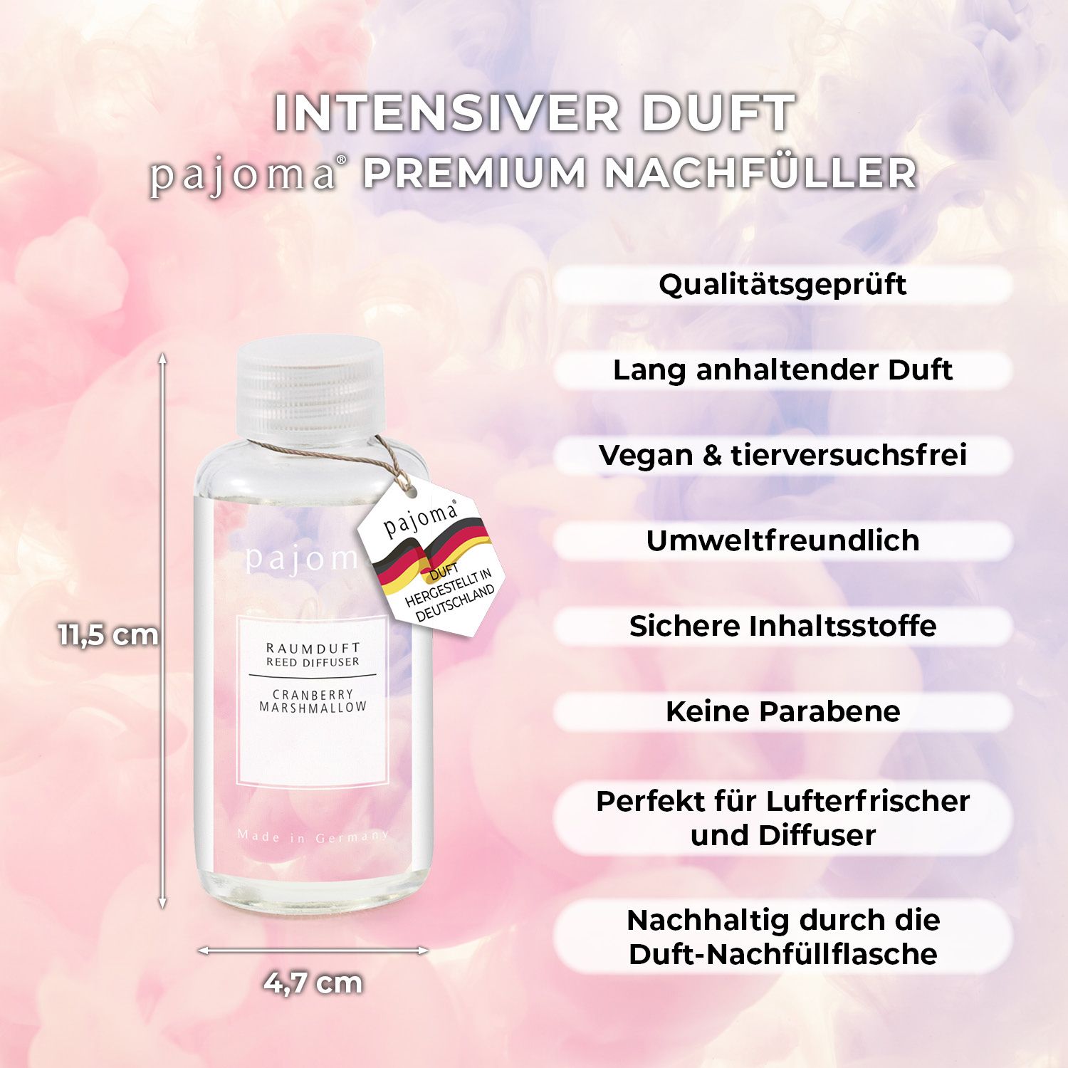 Klarflasche mit weißem Deckel und Etikett. Etikett mit Produktnamen und Logo. Anhänger mit Logo und Herkunftsland. Maße: 11,5 x 4,7 cm.