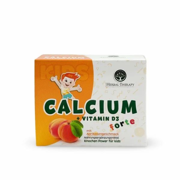 Produktverpackung. Aufschrift CALCIUM + VITAMIN D3 forte, Aprikosengeschmack. Marke Herbal Therapy. Abbildung von Aprikosen.