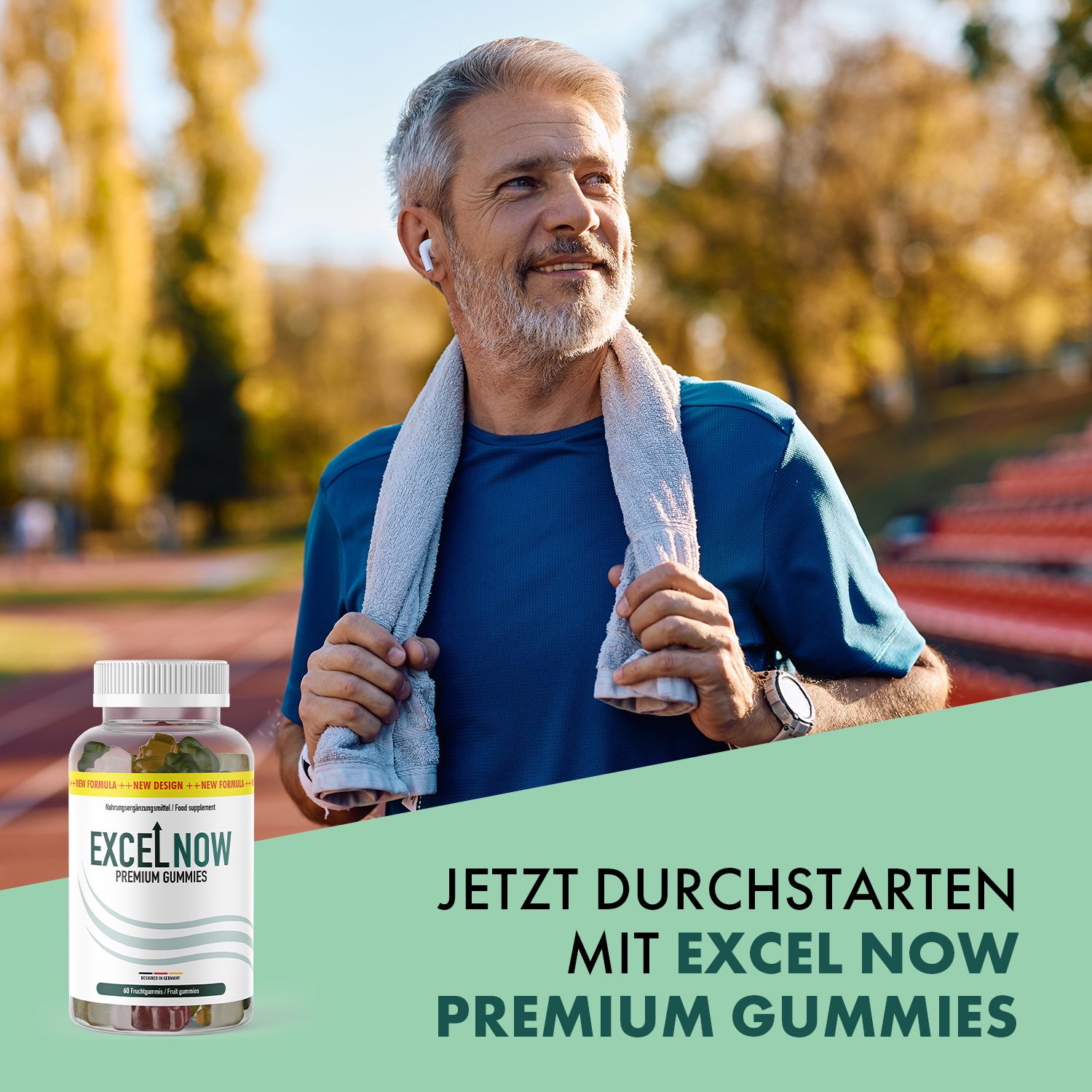 Eine Flasche ExcelNow Premium Gummies mit weißem Deckel und Etikett, das 'ExcelNow Premium Gummies' anzeigt.
