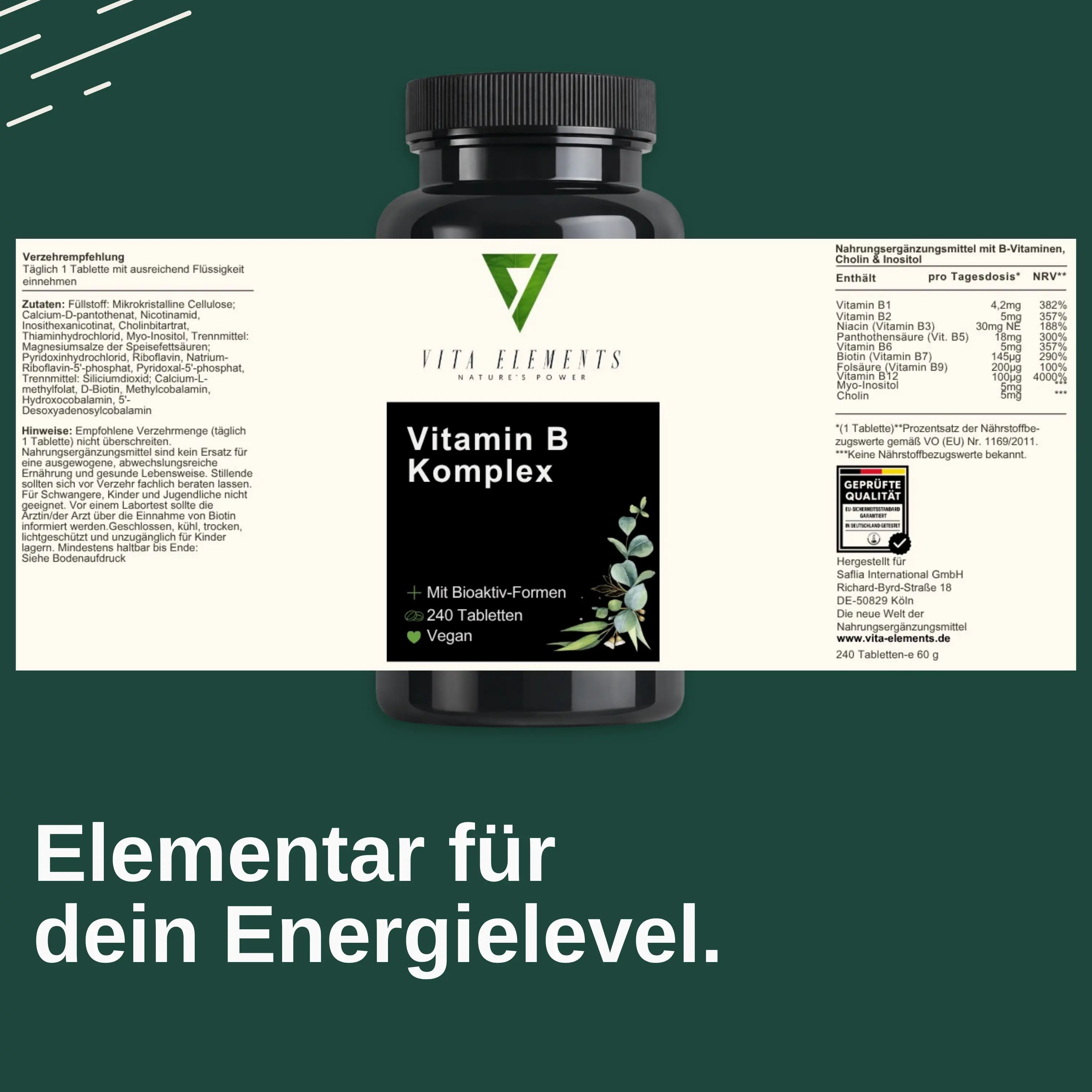 Rückseite der Dose Vita Elements Vitamin B Komplex mit Nährwertangaben und Siegeln.