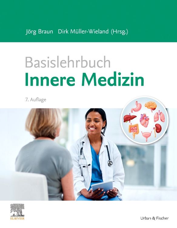 Buchcover: Basislehrbuch Innere Medizin. Titel in Grün. Autoren: Jörg Braun, Dirk Müller-Wieland. 7. Auflage. Abbildung von Organen.