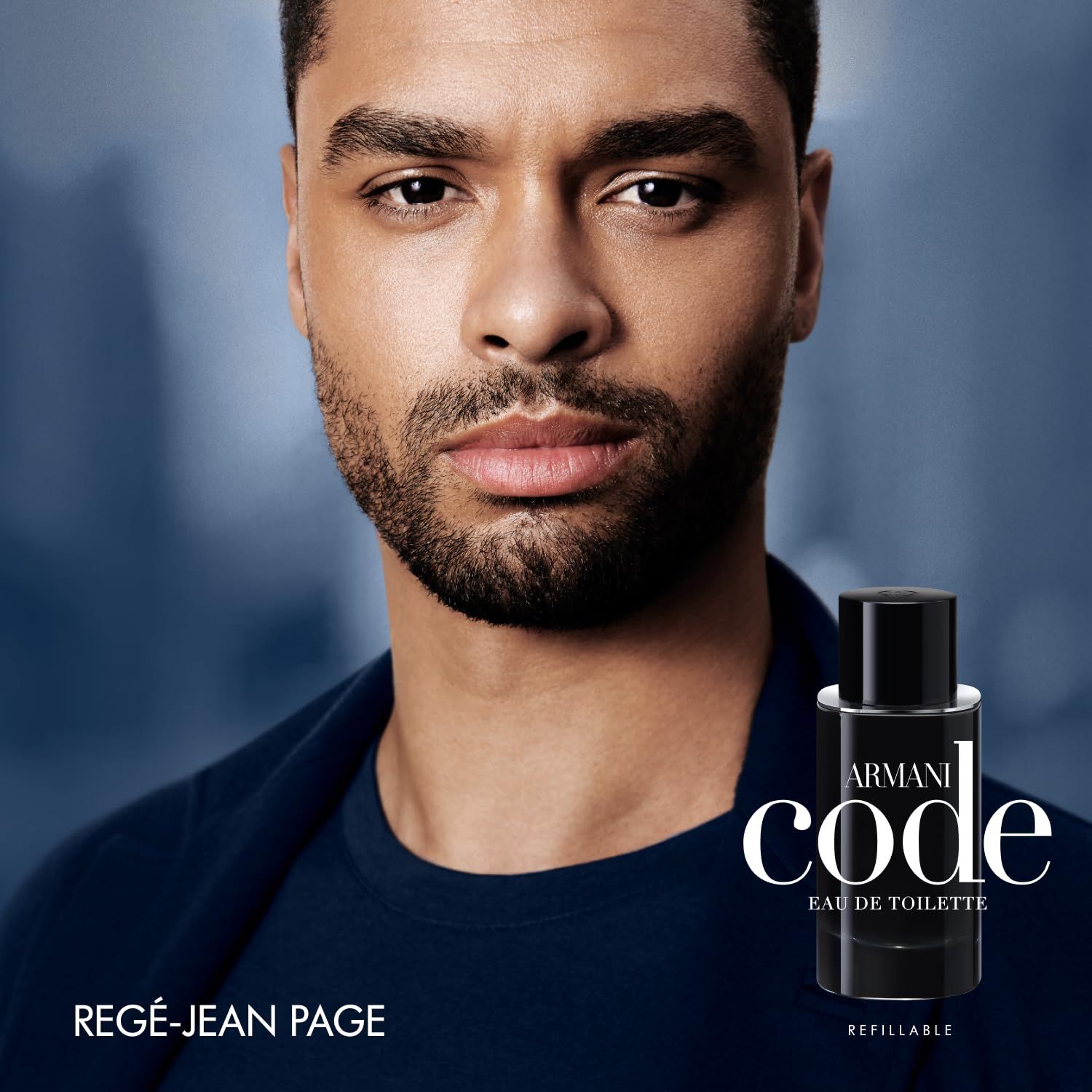 Mann mit Bart, neben Flakon mit "ARMANI CODE EAU DE TOILETTE". Text: "REGÉ-JEAN PAGE".