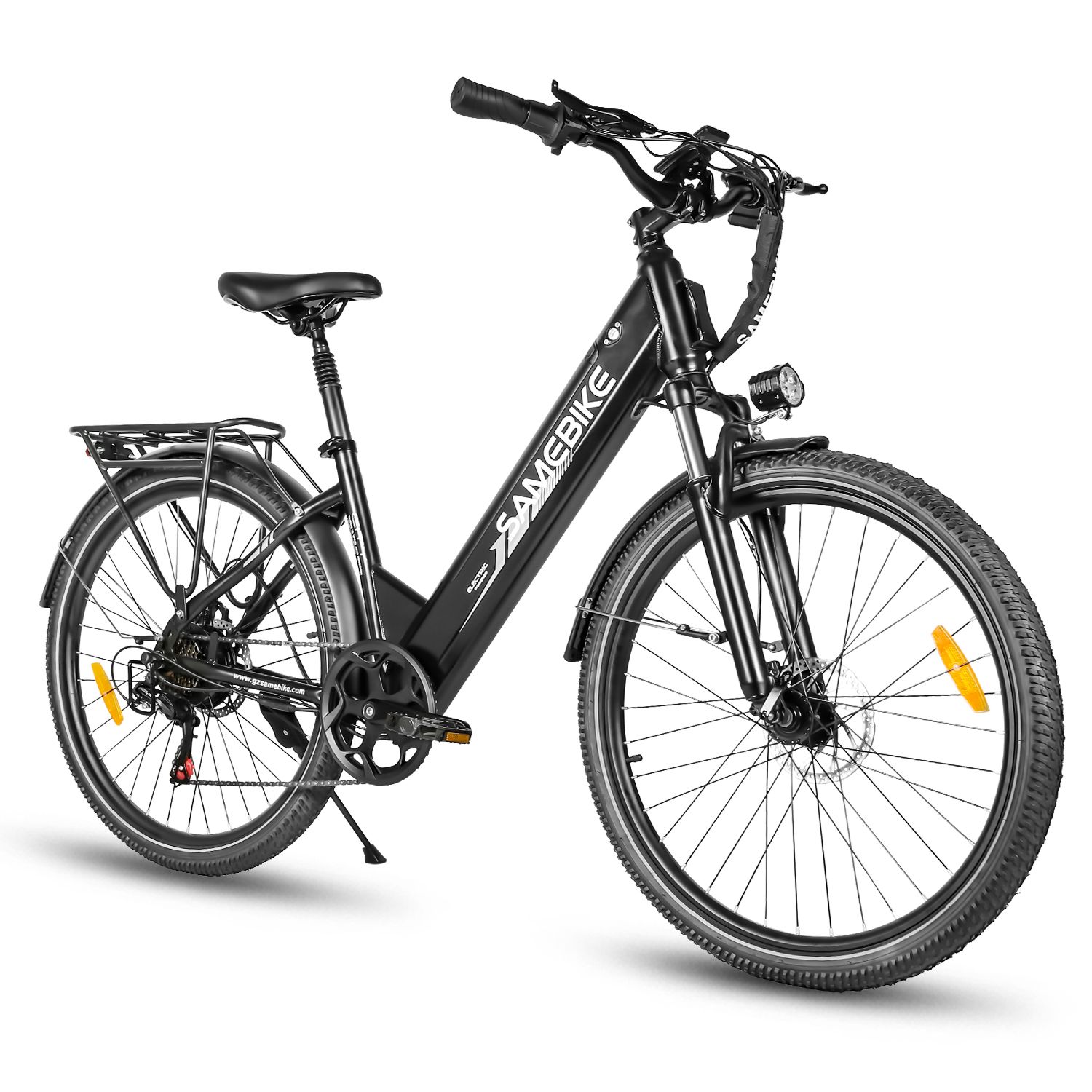 Schwarzes E-Bike SAMEBIKE RS-A01 Pro-T. Gepäckträger, Schutzbleche, Scheinwerfer und Rücklicht.