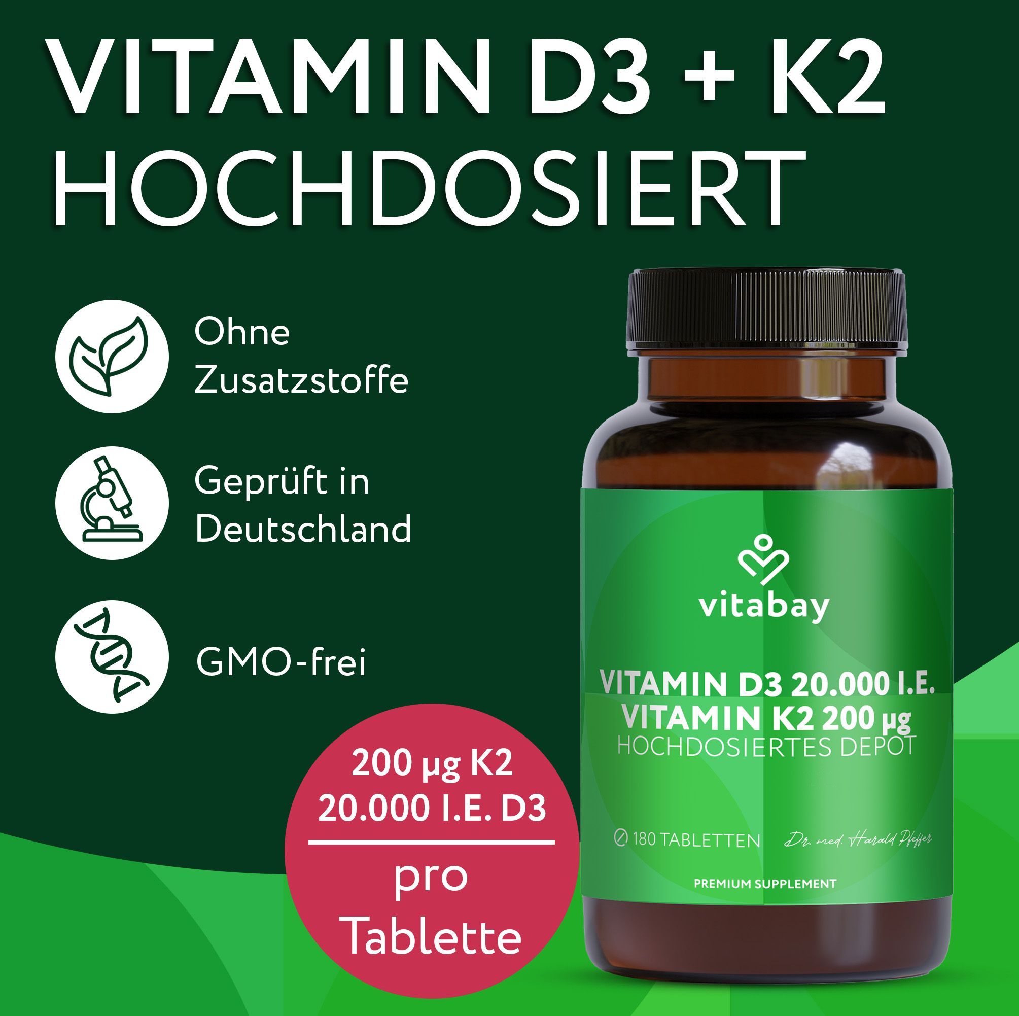 Produktflasche. Text: Vitamin D3 + K2 hochdosiert. Ohne Zusatzstoffe. Geprüft in Deutschland. GMO-frei. Vitabay Logo.