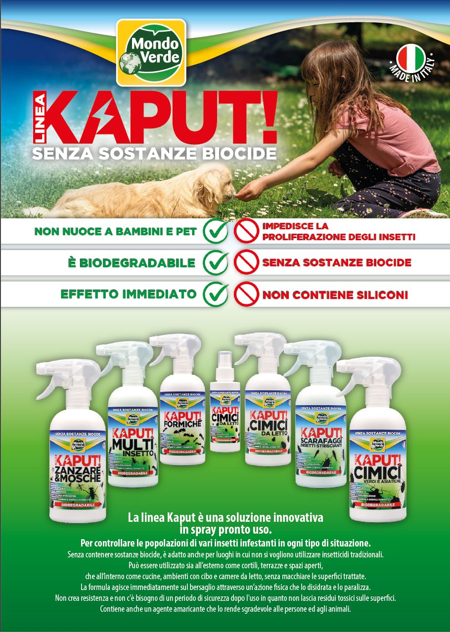Una pubblicità per la linea di prodotti Kaput!, che mostra diversi spray insetticidi. Il prodotto principale, Kaput! ZANZARE & MOSCHE, è in evidenza. La pubblicità mostra anche un bambino e un cane, sottolineando la sicurezza del prodotto.