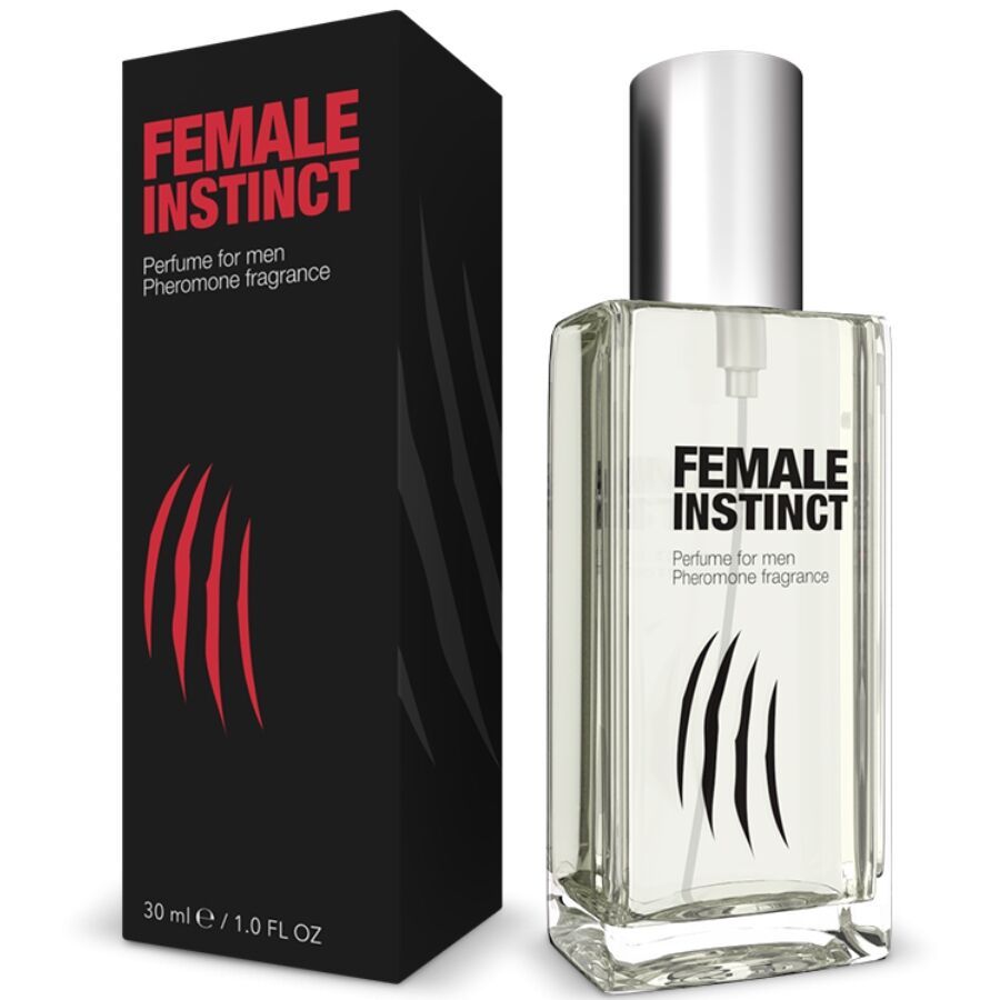 Pheromon-Parfüm für Männer in rechteckiger Glasflasche mit silbernem Zerstäuber. Kartonverpackung mit rotem Krallenmotiv.