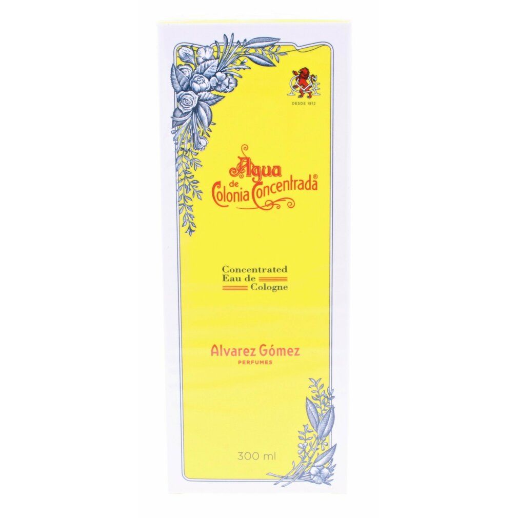 Gelbe Verpackung mit floralen Verzierungen und Text. "Agua de Colonia Concentrada" und "Alvarez Gómez" sind sichtbar. 300 ml.