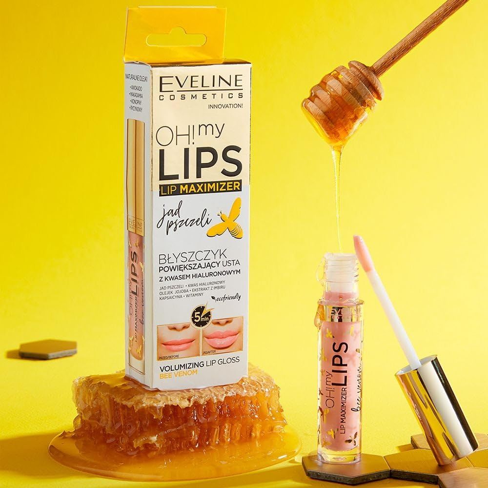 Eveline Cosmetics Oh! My Lips Lip Maximizer, Bienengift. Produkt, Verpackung, Honigwabe, Honig. Applikator sichtbar.