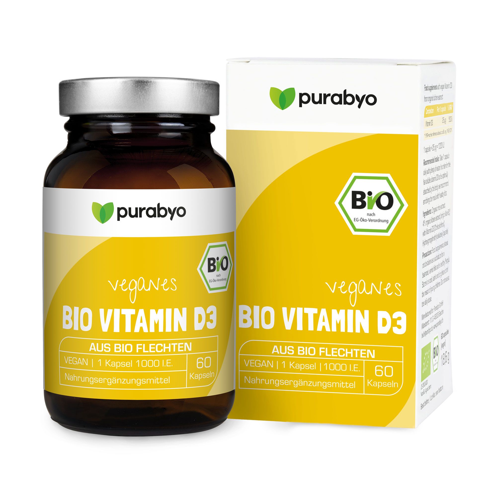 Braunglasflasche und Schachtel mit gelbem Etikett. Aufschrift: Veganes Bio Vitamin D3, 60 Kapseln, Bio-Siegel.