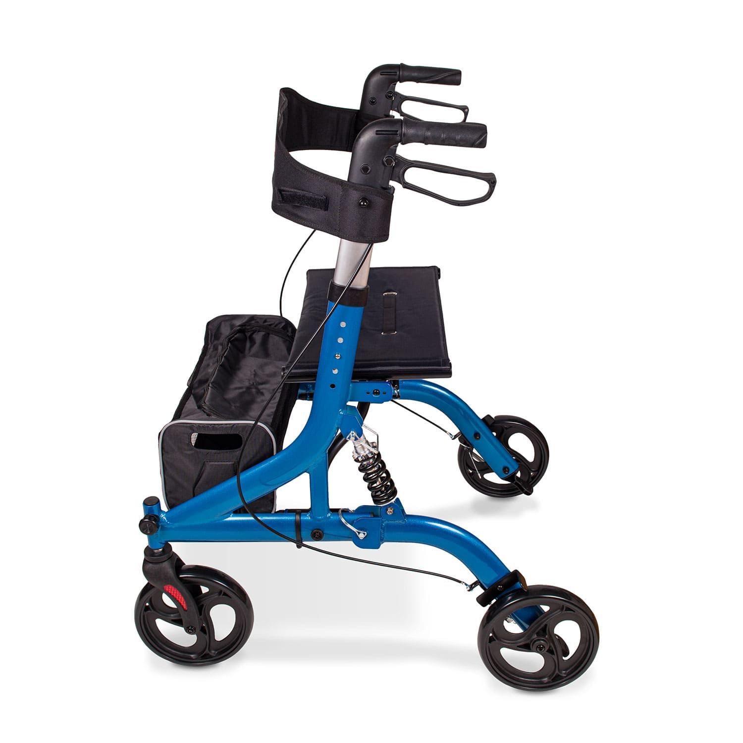 Blauer Rollator, Seitenansicht. Schwarzer Sitz, Rückenlehne und Einkaufstasche. Vier Räder und Handgriffe.