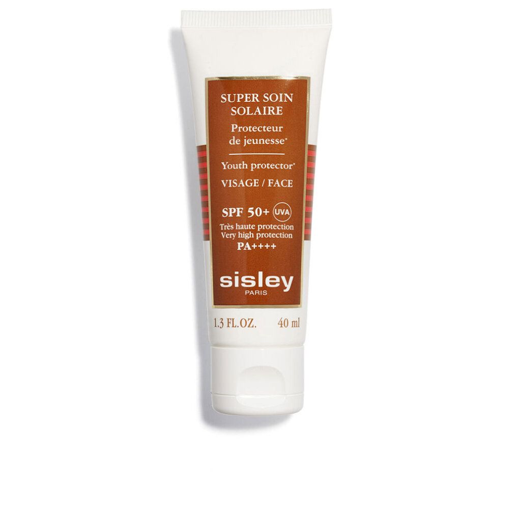 Weiße Tube mit braunem Etikett. Aufschrift: SUPER SOIN SOLAIRE, SPF 50+, sisley. 40 ml.