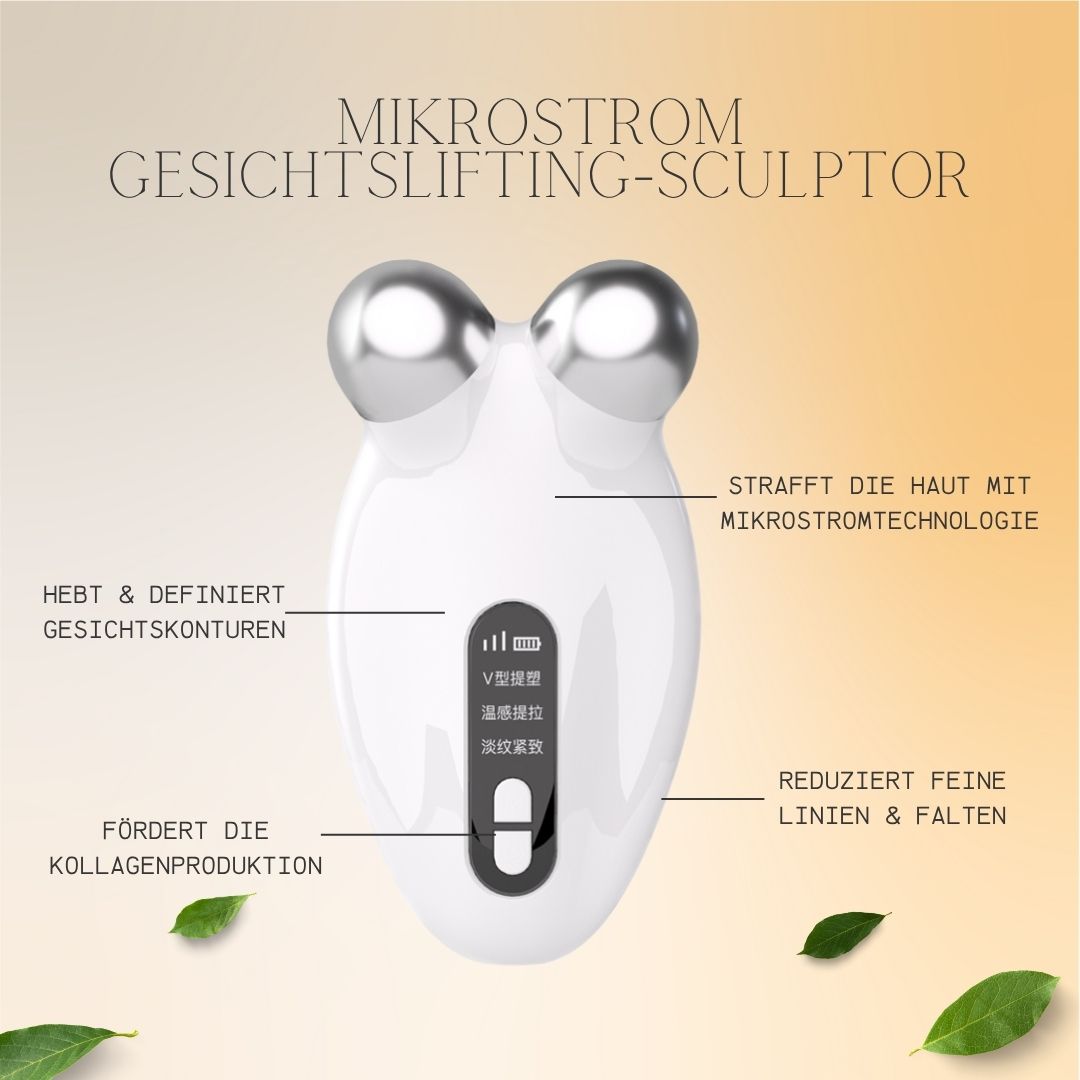 Weißes Mikrostrom-Gesichtslifting-Sculptor-Gerät mit silbernen Kugeln, das Hautstraffung und Faltenreduktion hervorhebt.