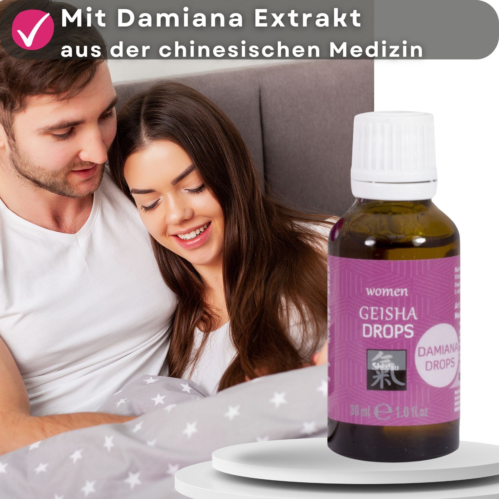 Paar im Bett. Geisha Drops Flasche. Text: Mit Damiana Extrakt aus der chinesischen Medizin. 1.0 fl oz.