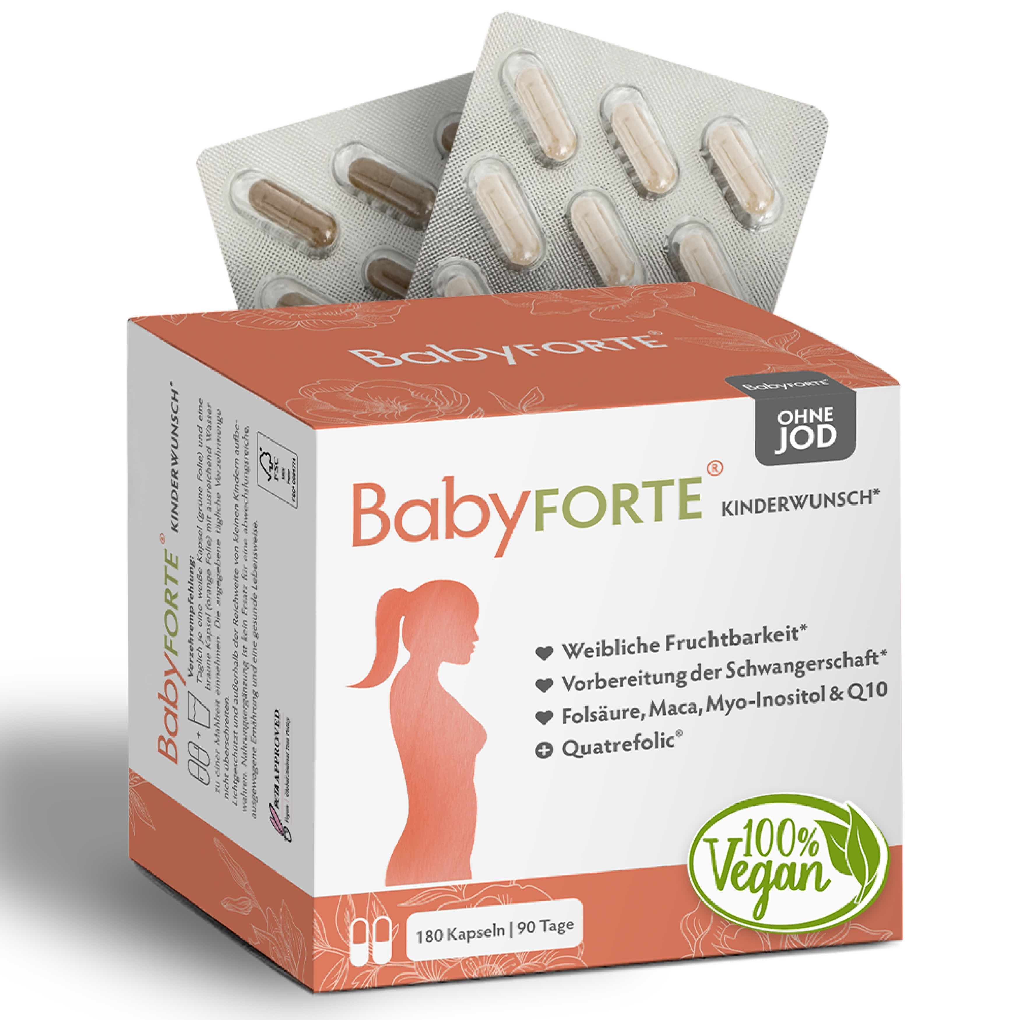 BabyFORTE® Kinderwunsch-Packung mit Kapseln. Text: Ohne Jod. Weibliche Fruchtbarkeit, Vorbereitung Schwangerschaft, Folsäure, Maca, Myo-Inositol, Q10, Quatrefolic.