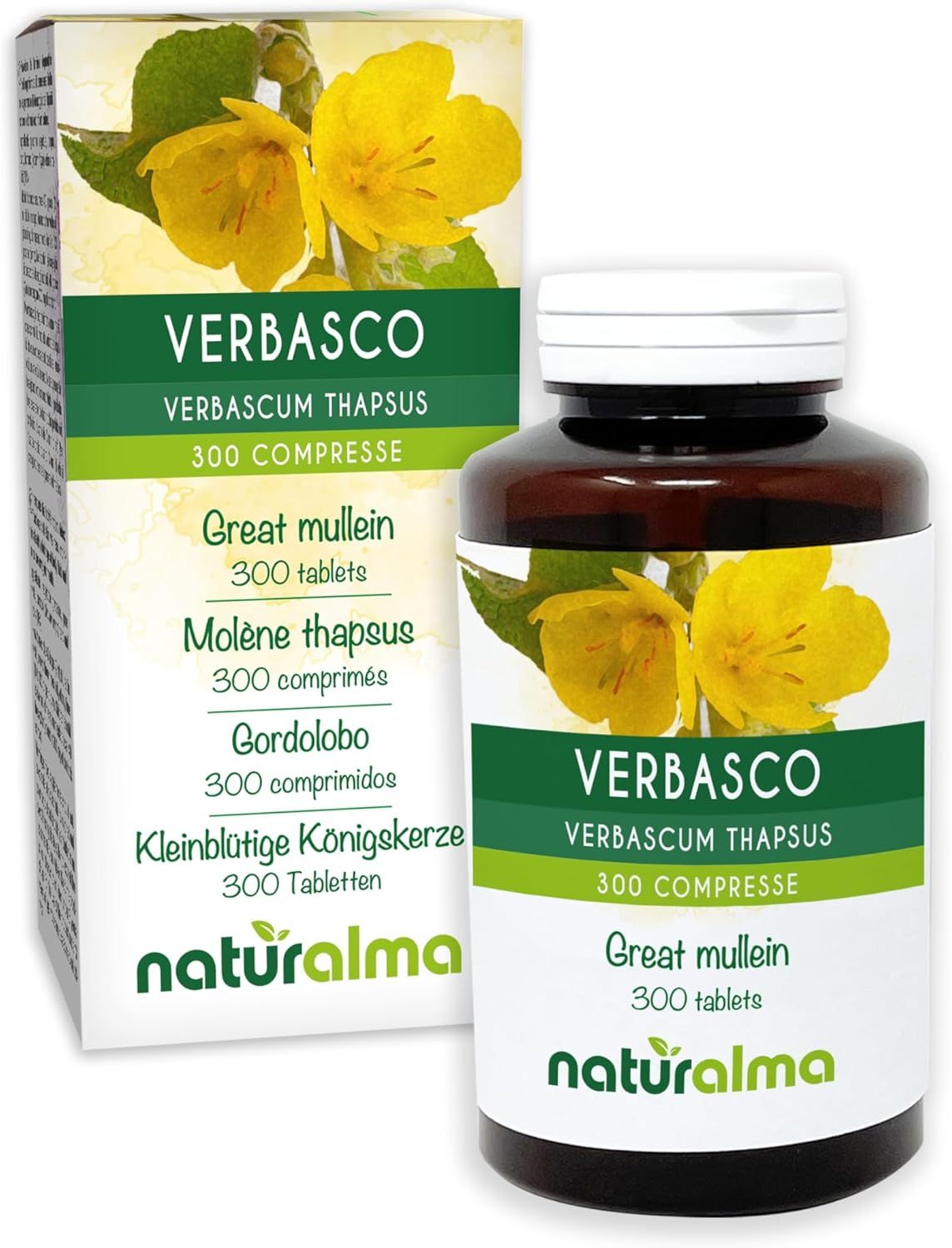 Verbascum thapsus Tabletten in Dose und Schachtel. 300 Tabletten. Naturalma Logo.
