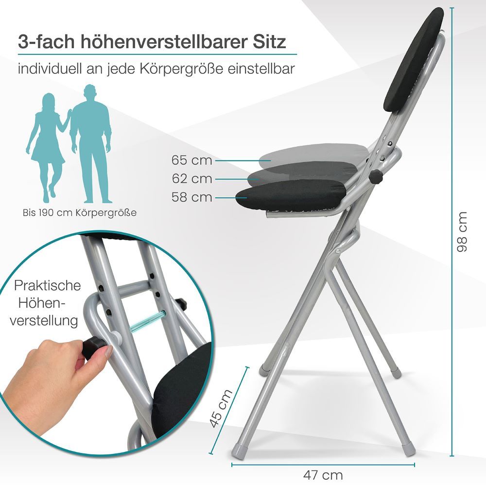 Stehhilfe mit schwarzem Sitz und Rückenlehne. Höhenverstellbar. Maße: 47x45x98 cm. Einstellbar auf 58, 62, 65 cm.