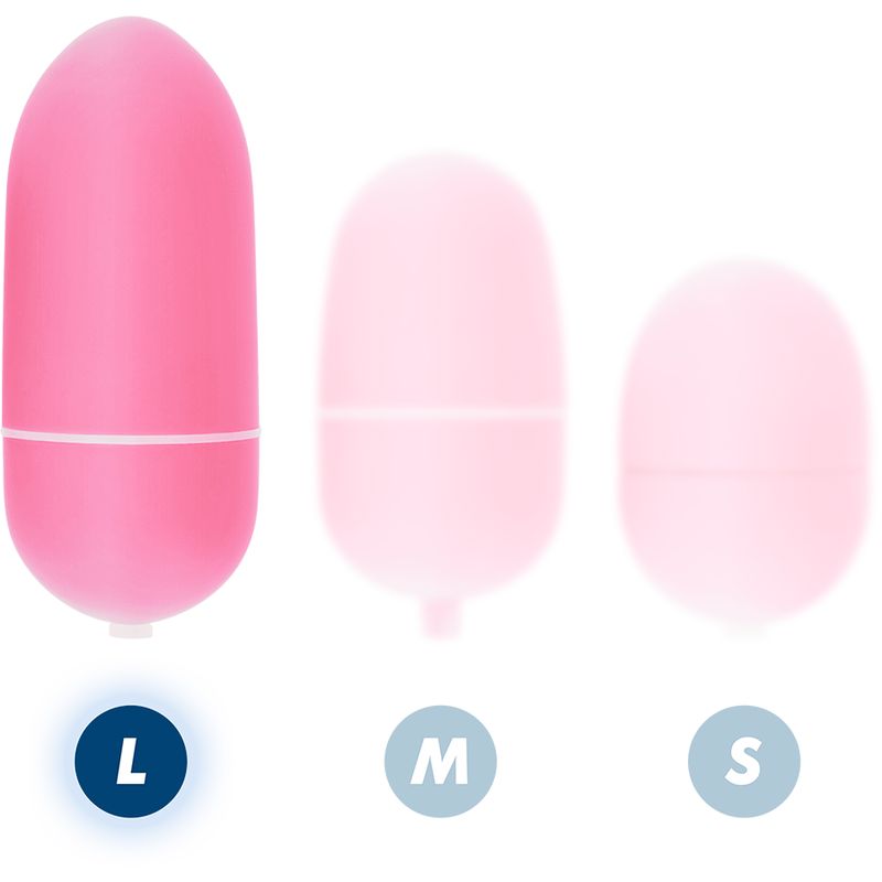 Drei Eier in verschiedenen Größen: L, M und S. Alle sind rosa. Das L-Ei ist am größten.