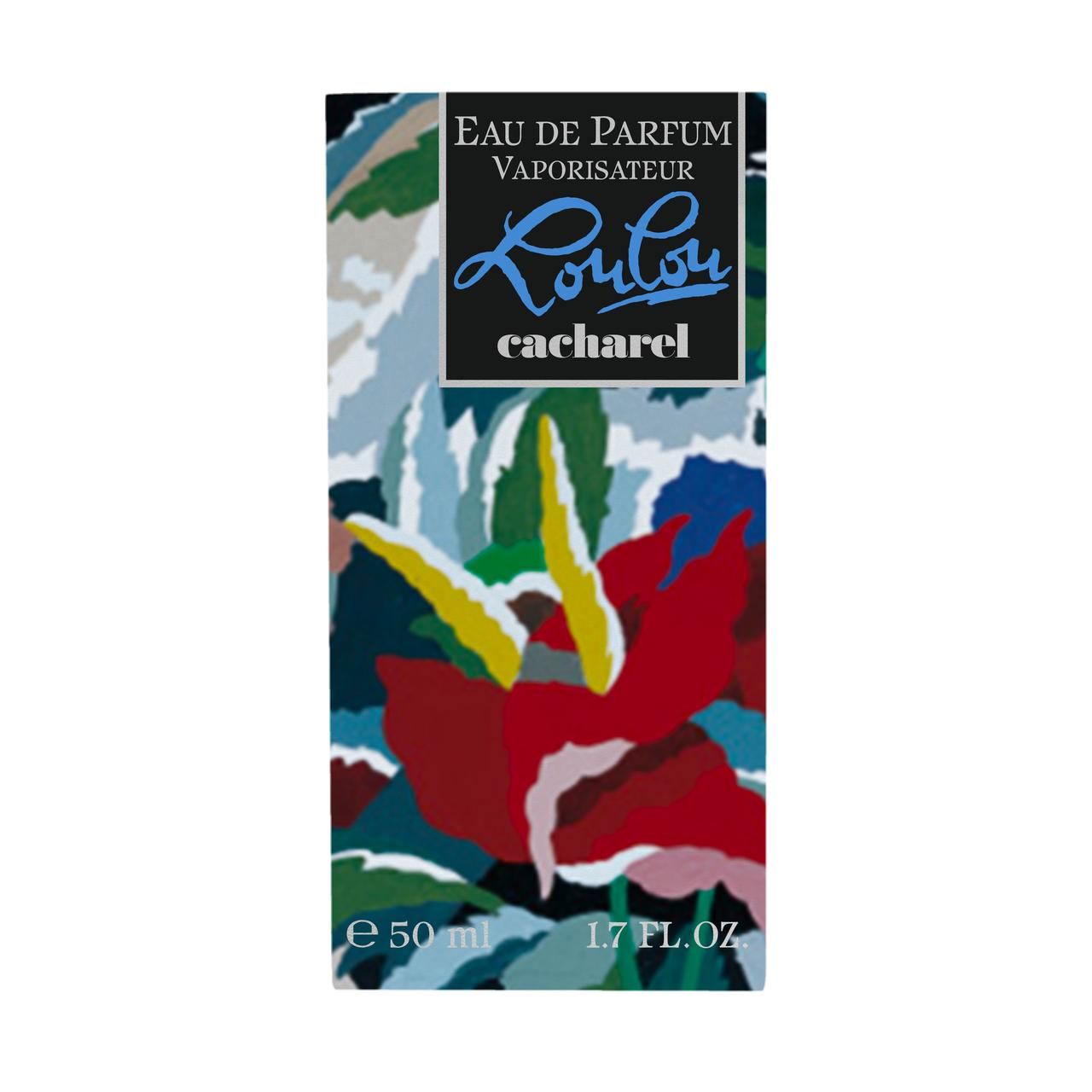 Schachtel mit floralem Design und dem Schriftzug "LouLou cacharel". Aufschrift: Eau de Parfum Vaporisateur.