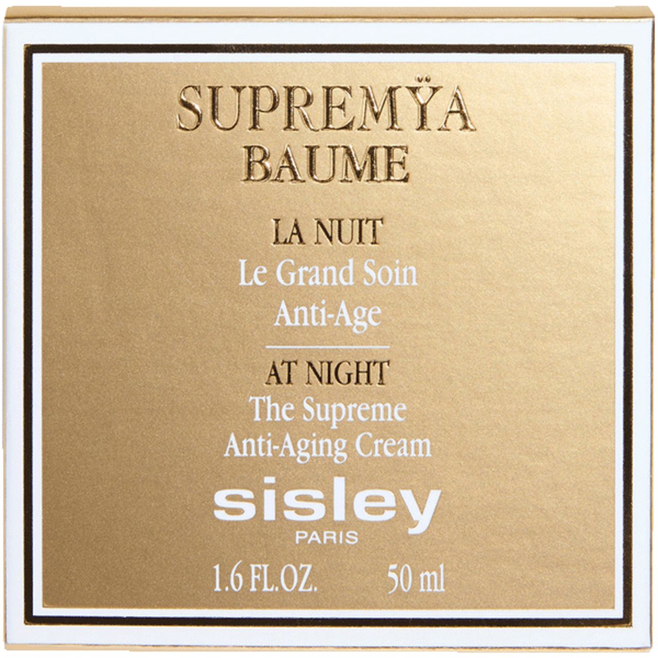 Goldfarbene Verpackung mit Text. Aufschrift: SUPREMYA BAUME, LA NUIT, Anti-Age, AT NIGHT, sisley PARIS. 1.6 FL.OZ. 50 ml.