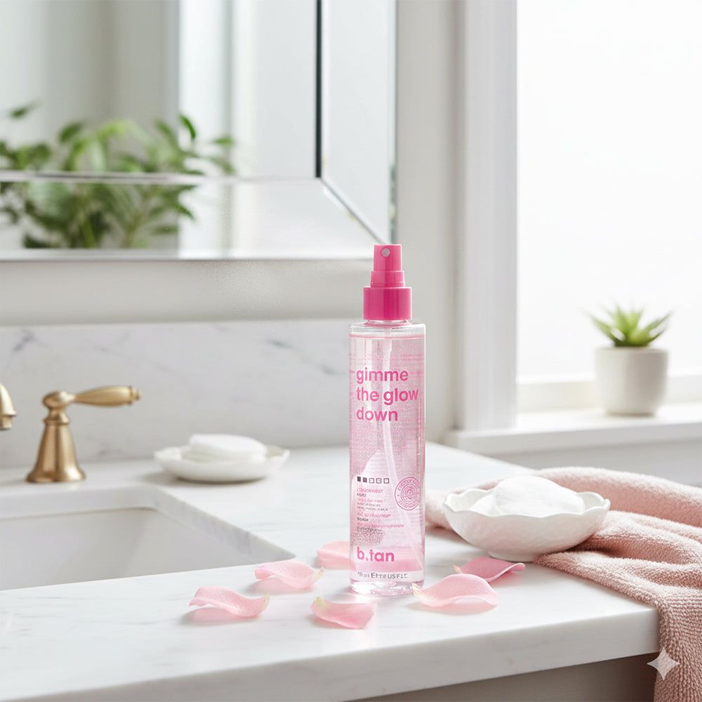 Selbstbräuner-Mist-Flasche mit rosa Sprühkopf. Rosenblütenblätter liegen auf einer Marmoroberfläche. Im Hintergrund ein Waschbecken und Spiegel.